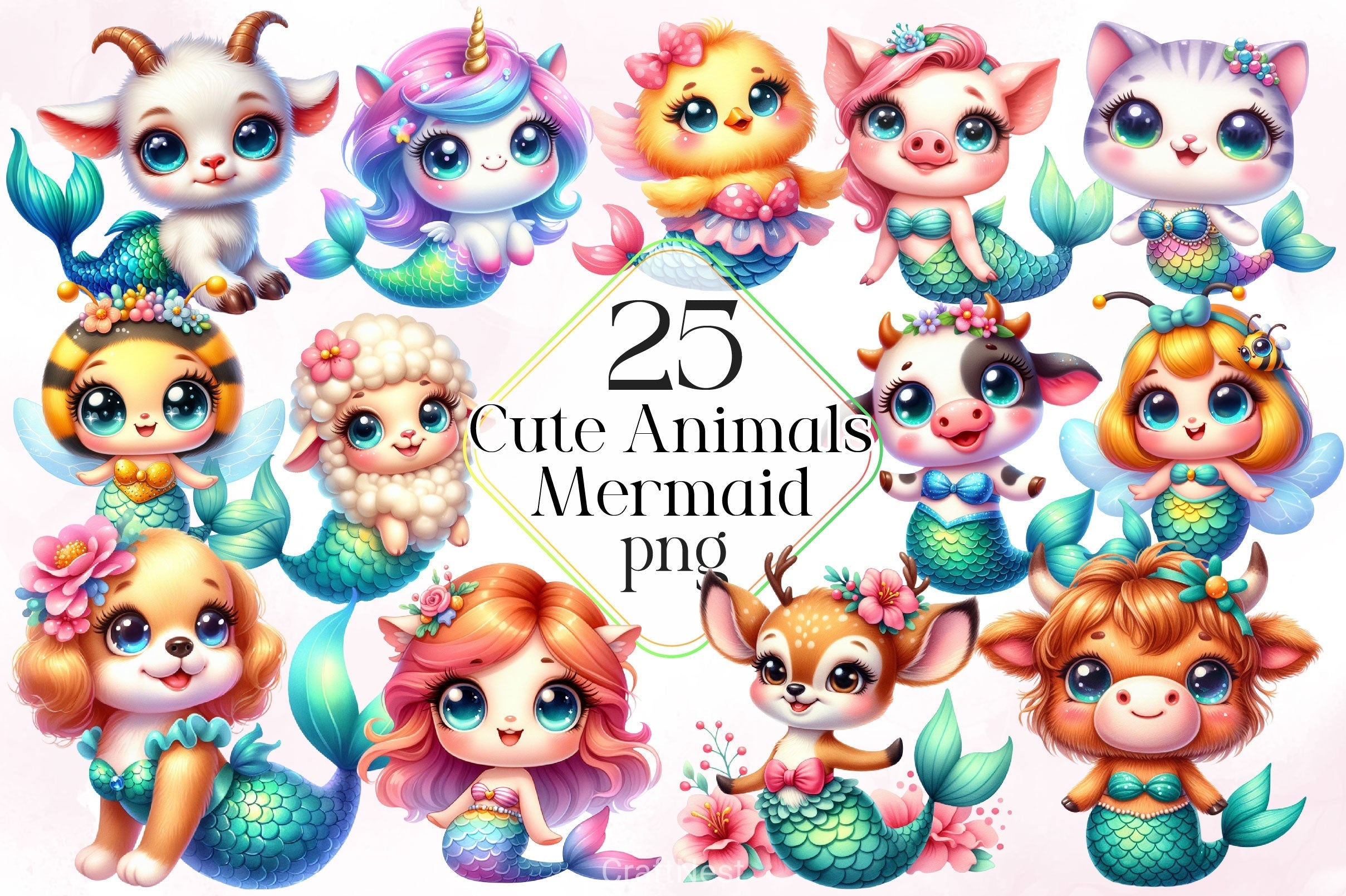 Cute Animals Mermaid Clipart Bundle