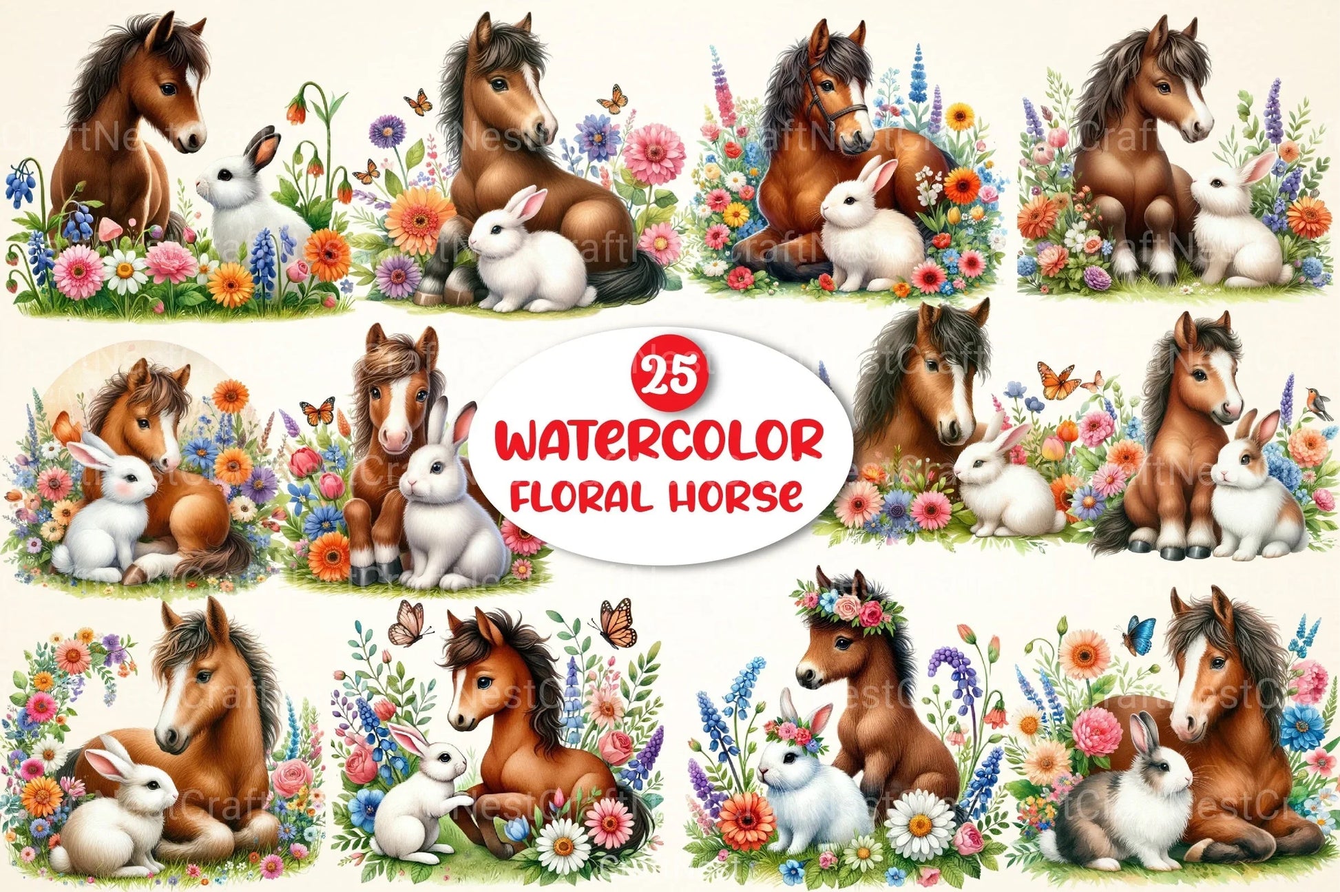 Floral Horse Clipart Bundle - CraftNest - Digital Crafting and Art