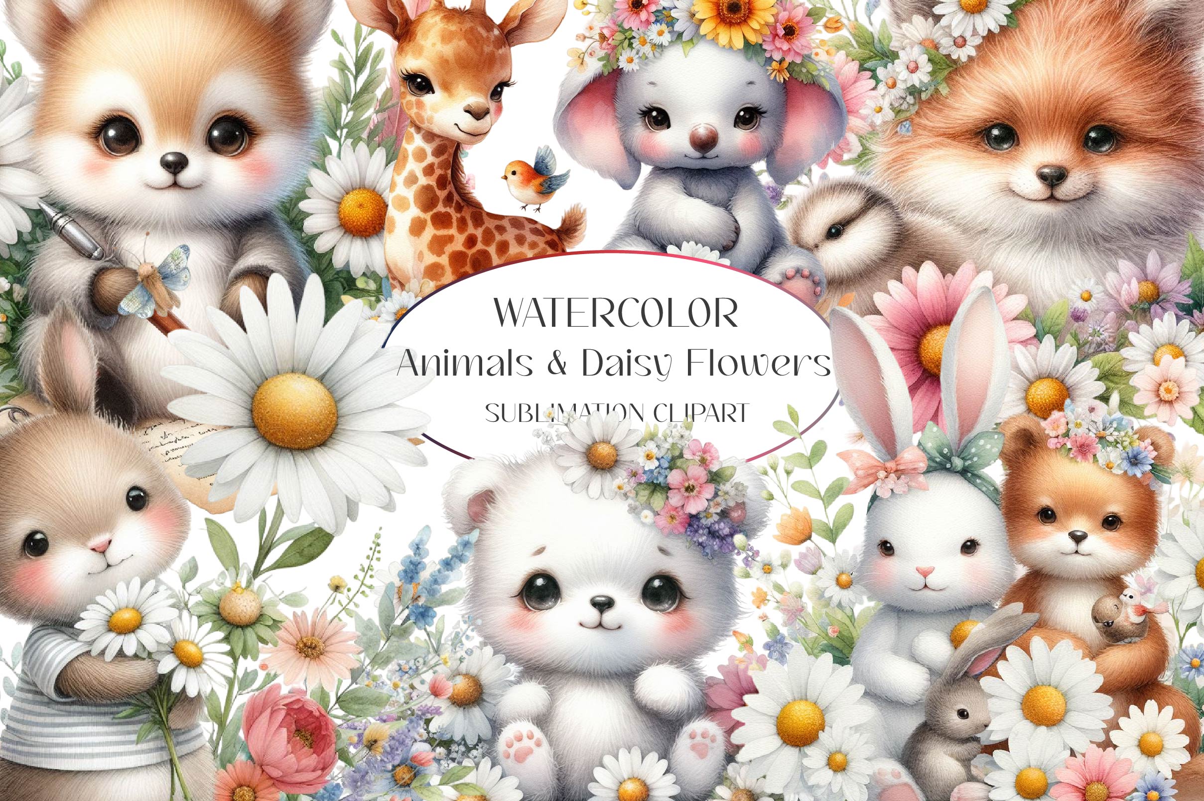 Cute Animals & Daisy Flowers Clipart Bundle 1