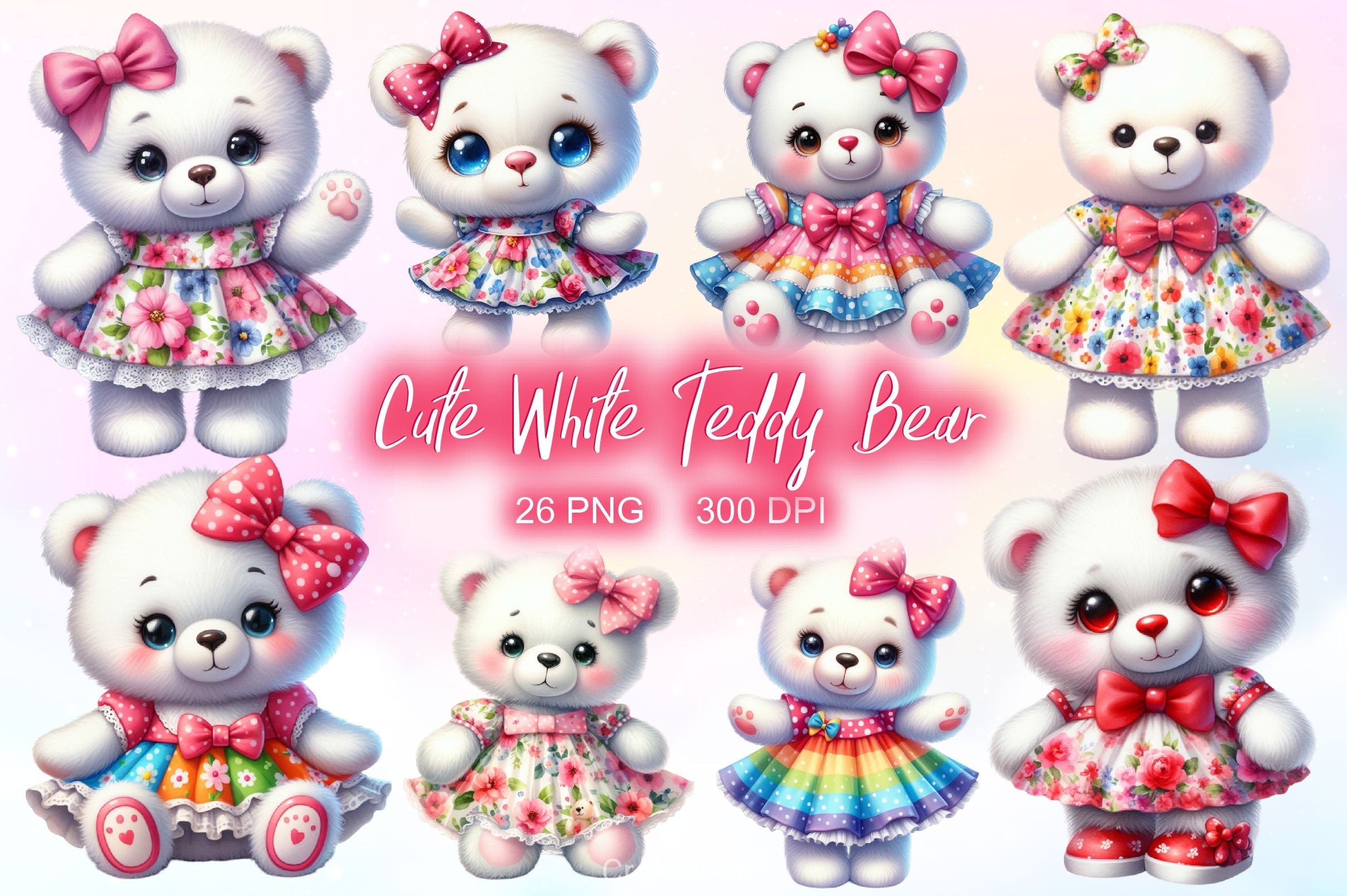 Cute White Teddy Bear Clipart Bundle