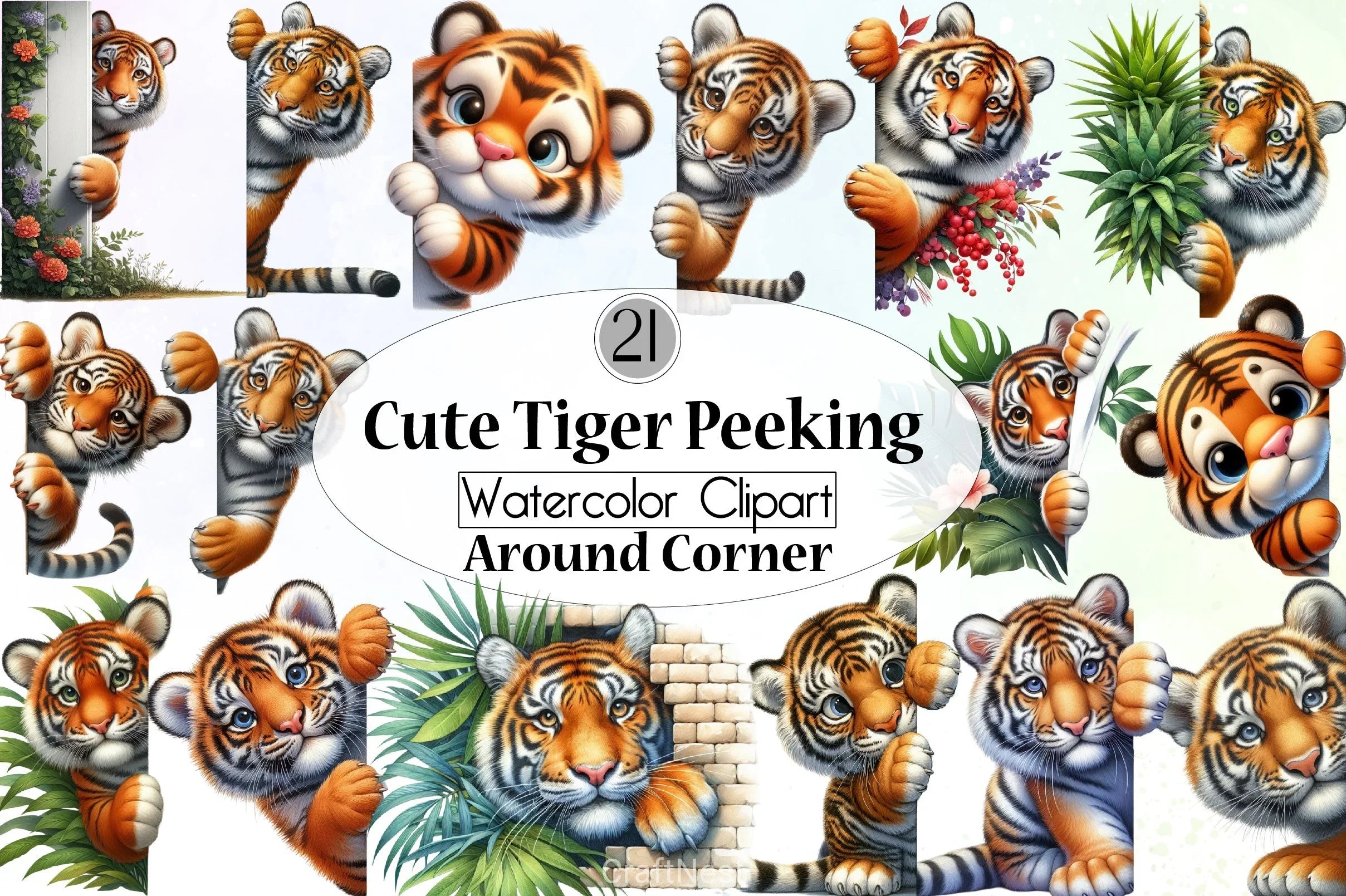 Cute Tiger Peeking Clipart Bundle - CraftNest - Digital Crafting and Art