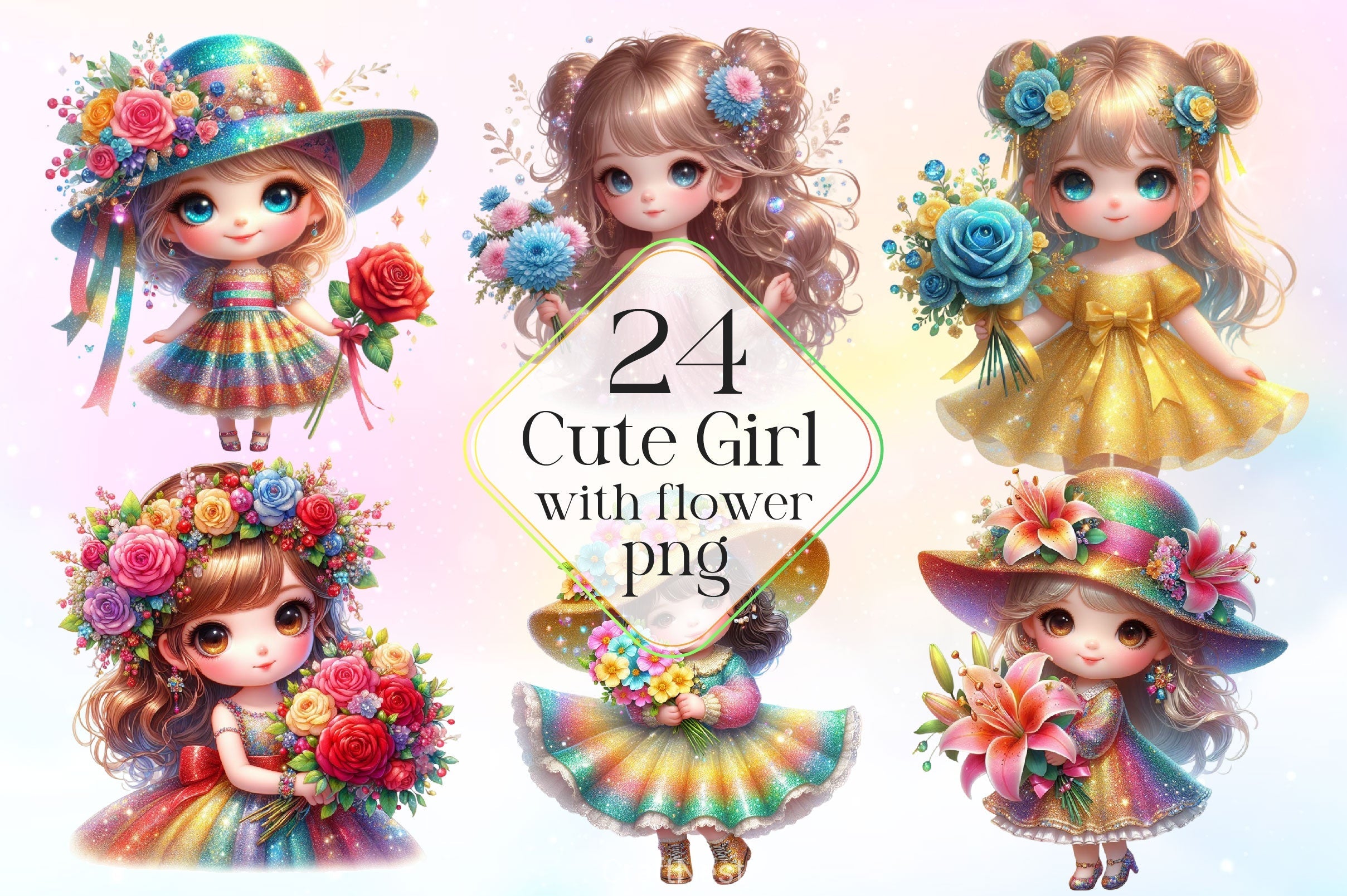 Cute Girl With Flower Clipart Bundle