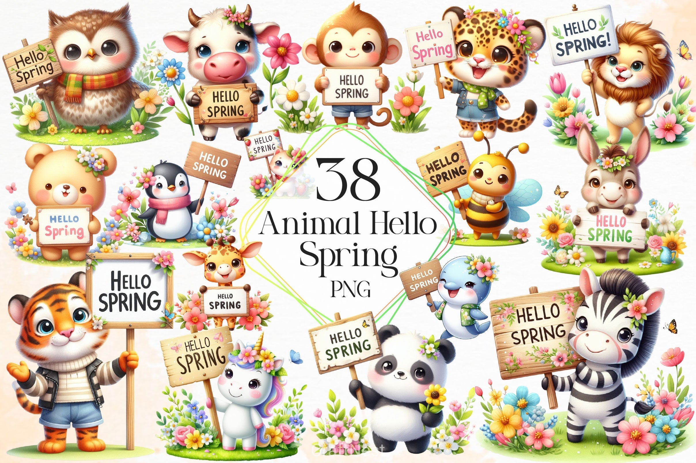 Animal Hello Spring Clipart Bundle 2