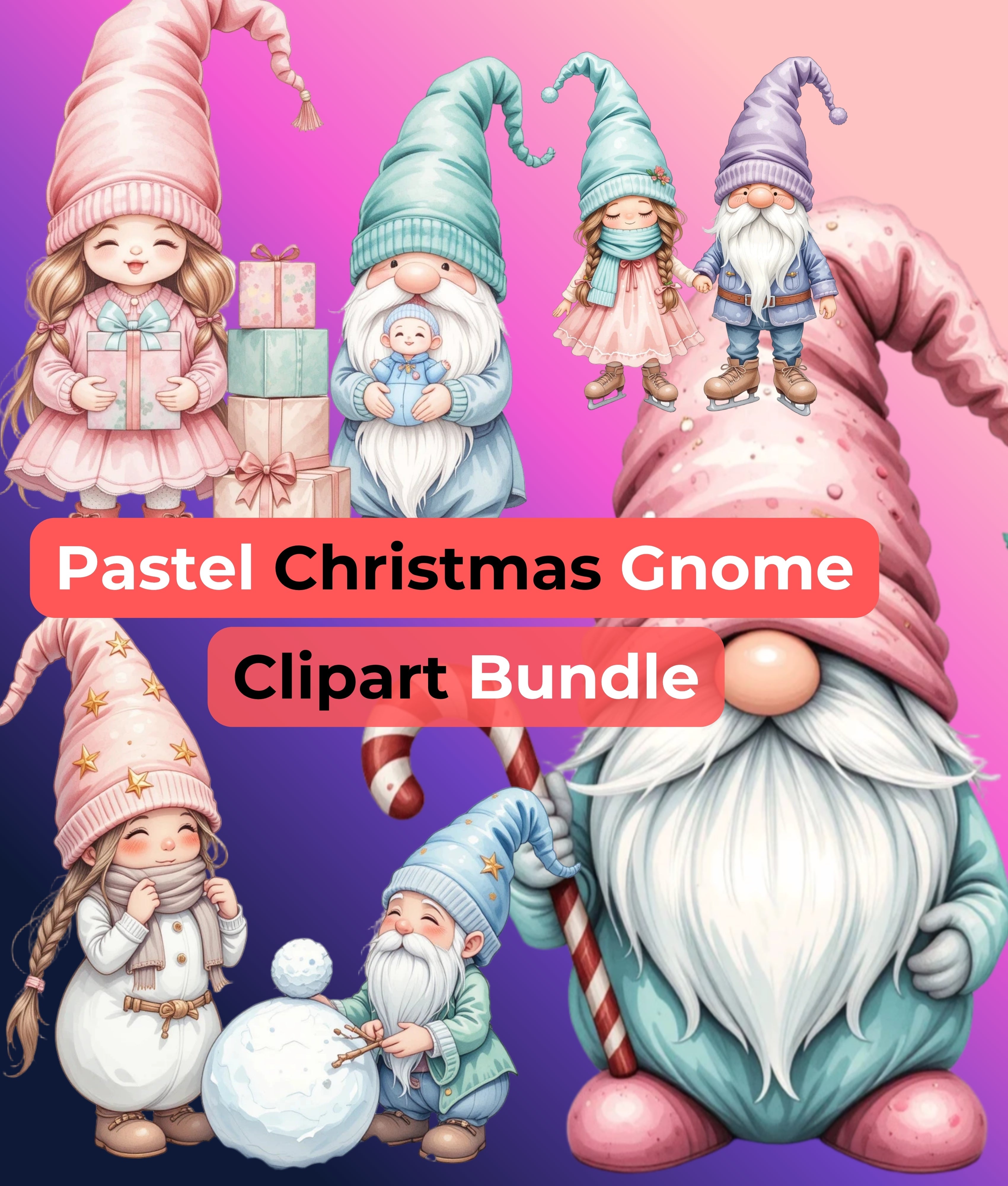 Pastel Christmas Gnomes Clipart Bundle