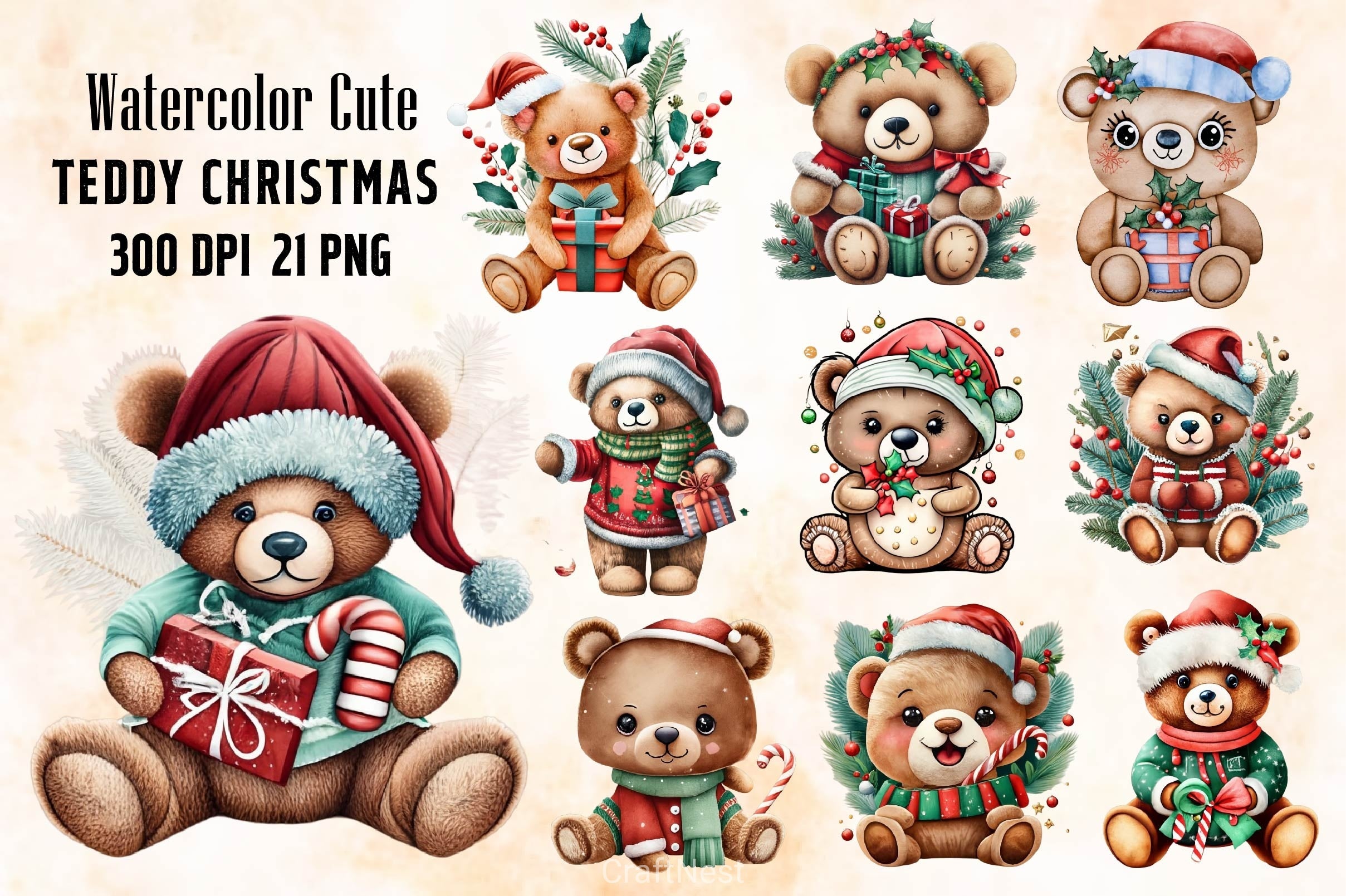 Cute Teddy Christmas Clipart Bundle
