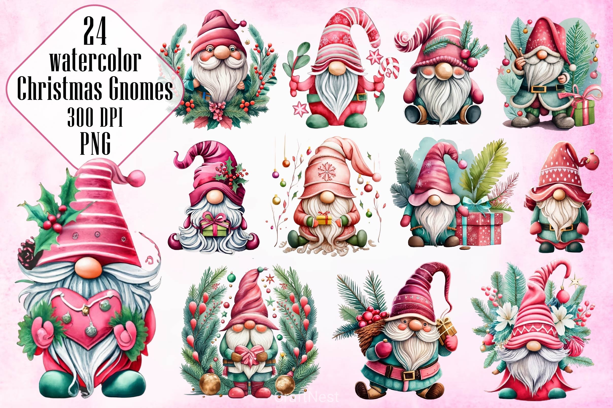 Pink Christmas Gnome Steal Clipart Bundle