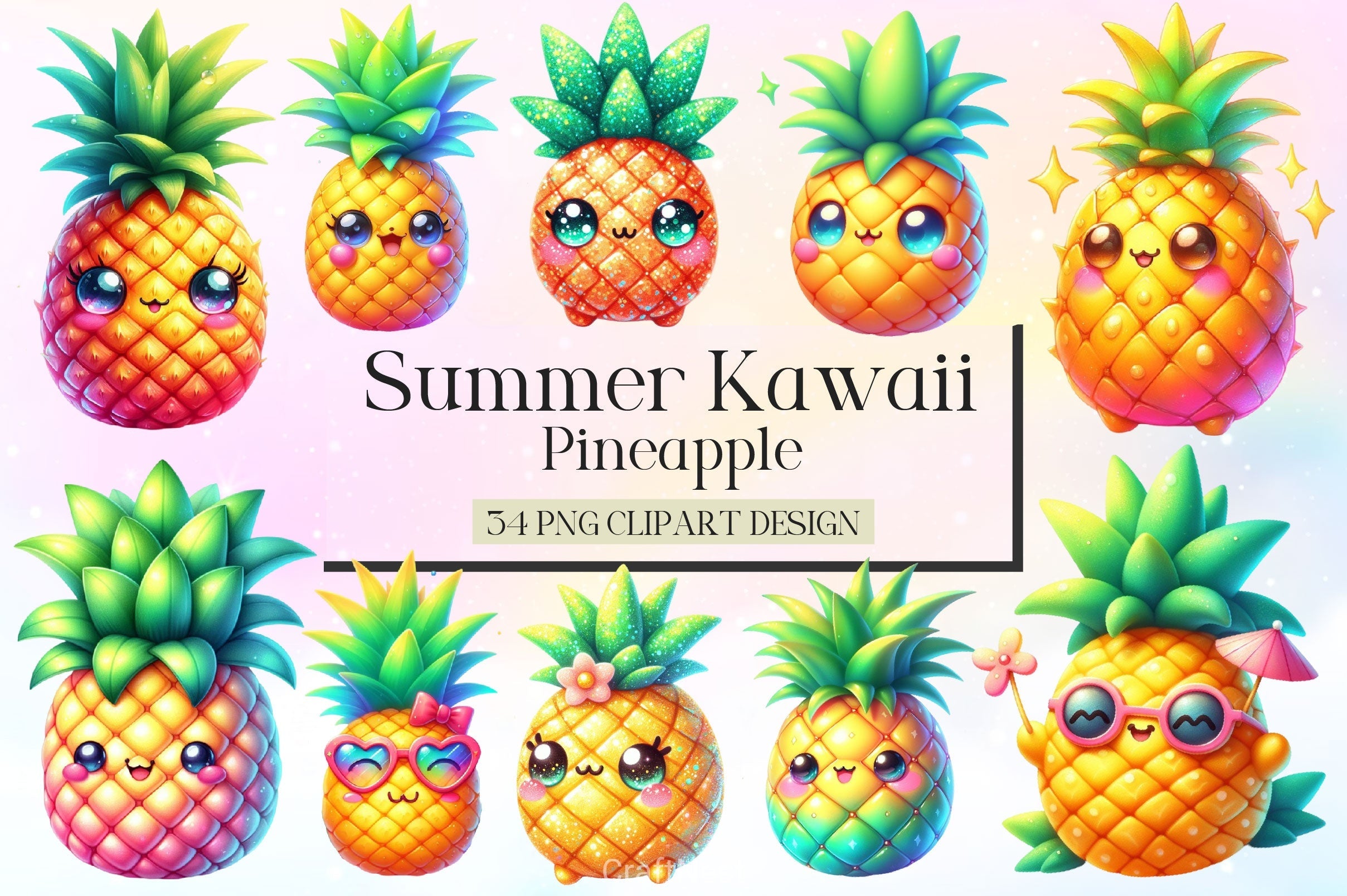 Summer Kawaii Pineapple Clipart Bundle 2