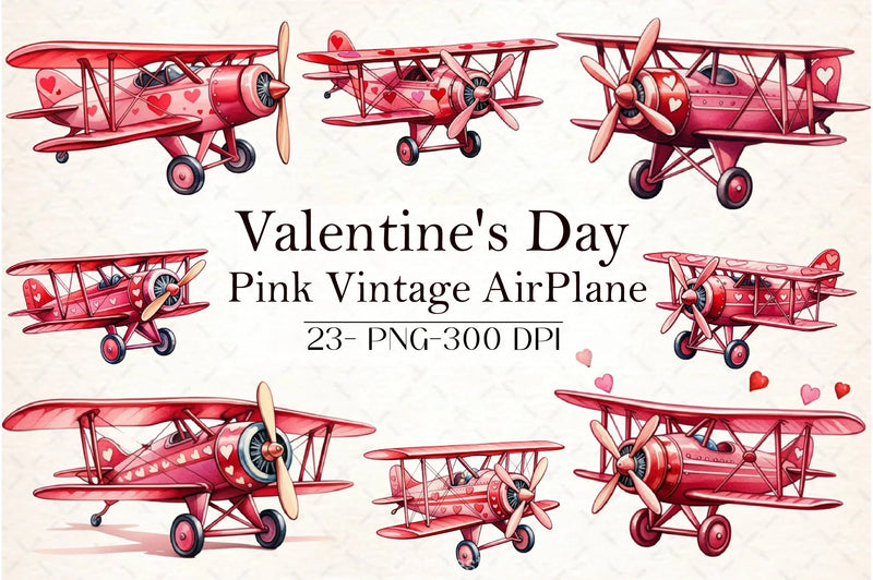 Pink Vintage Airplane Valentine Clipart Bundle - CraftNest - Digital Crafting and Art
