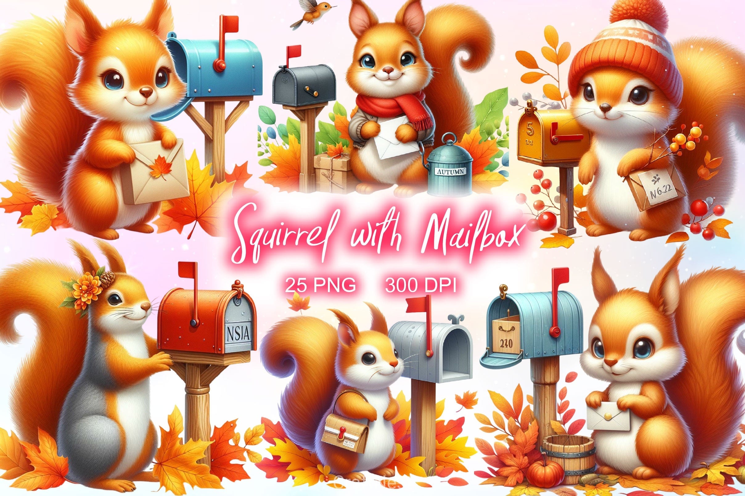 Autumn Squirrel With Mailbox Clipart Bundle 2