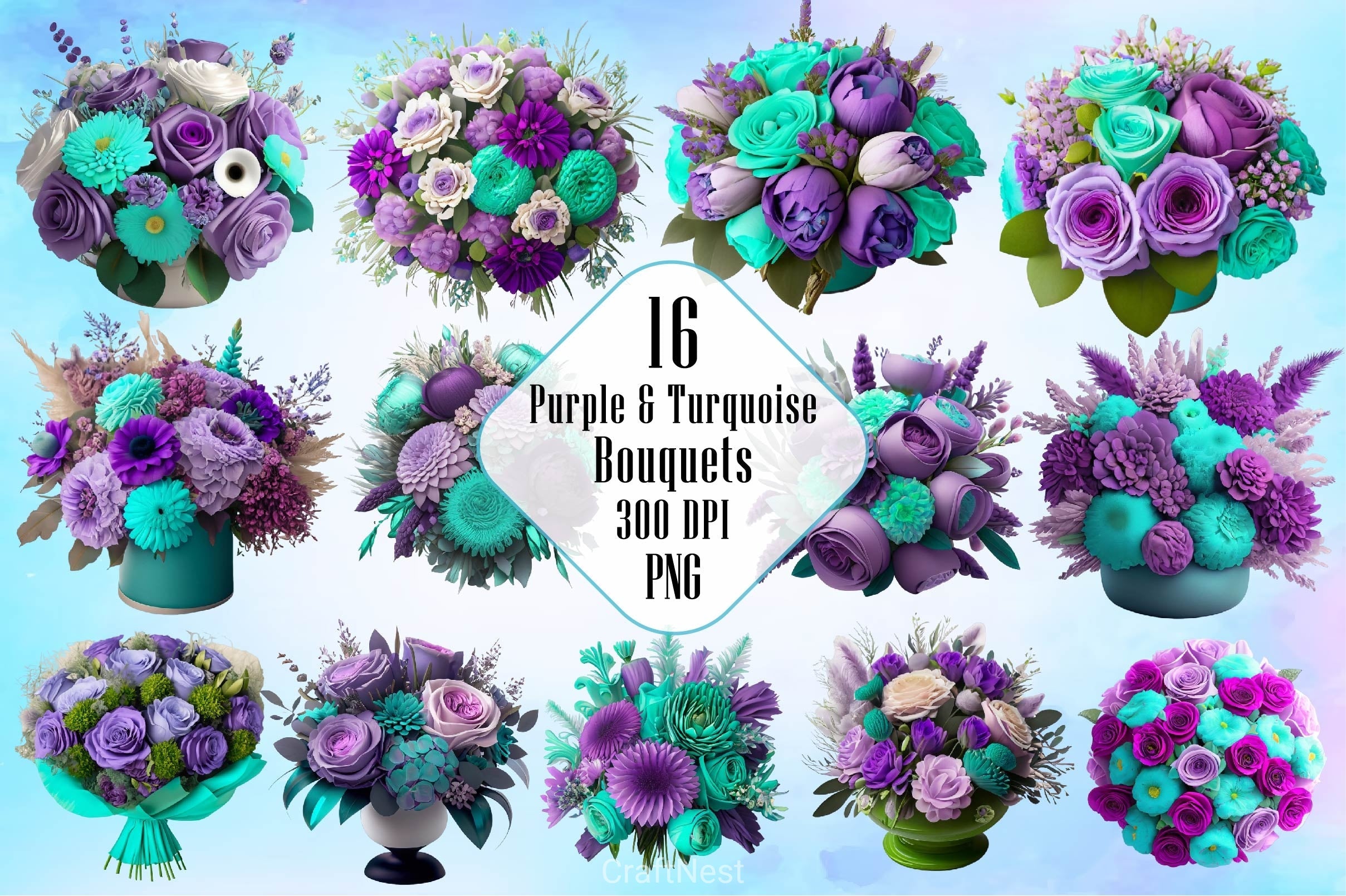 Purple And Turquoise Bouquets Clipart Bundle