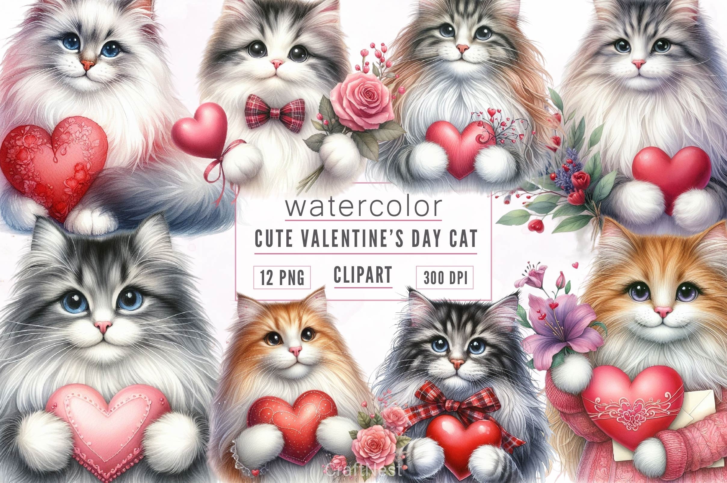 Cute Valentine Cat Clipart Bundle