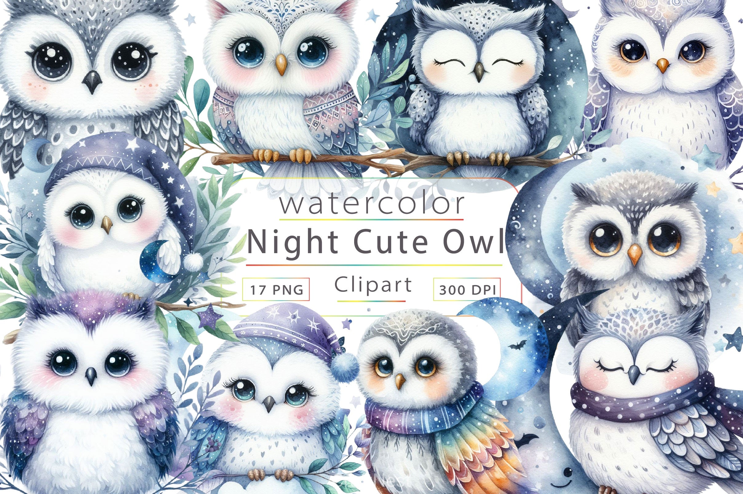 Night Cute Owl Clipart Bundle