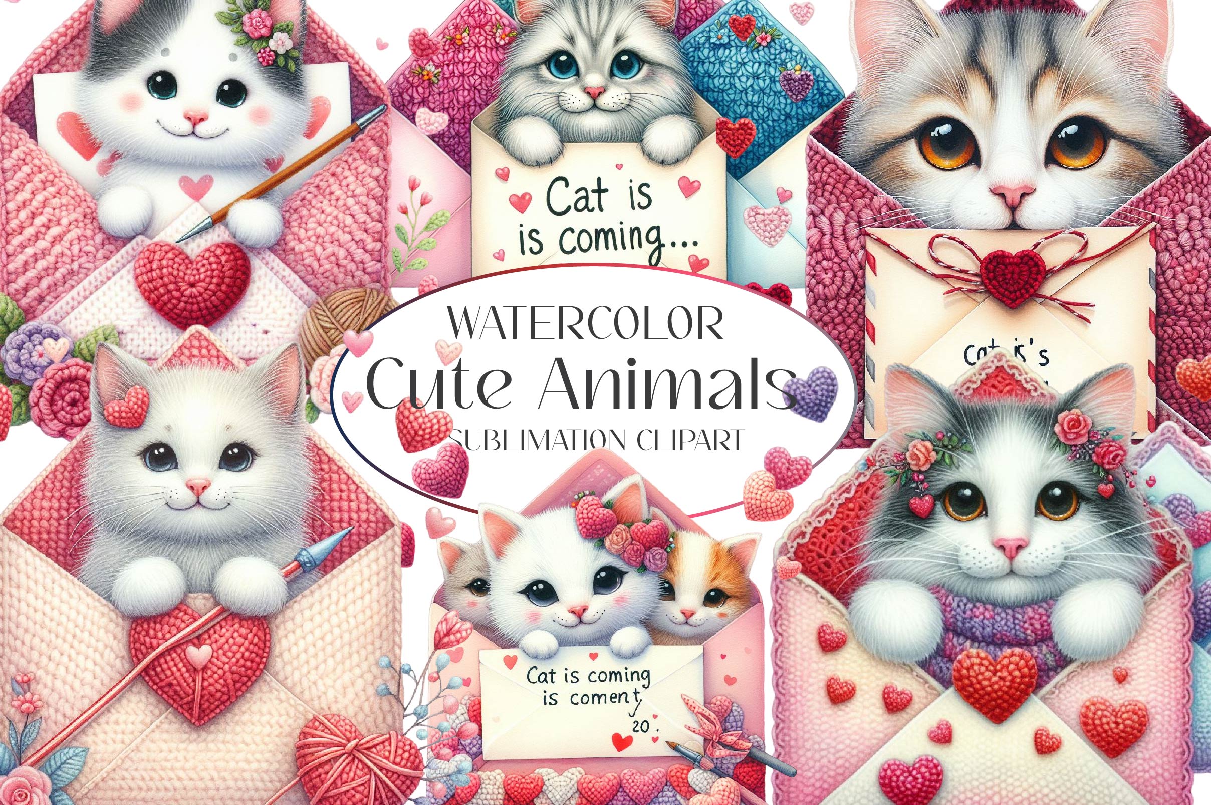 Cute Animals In Crochet Envelopes Clipart Bundle