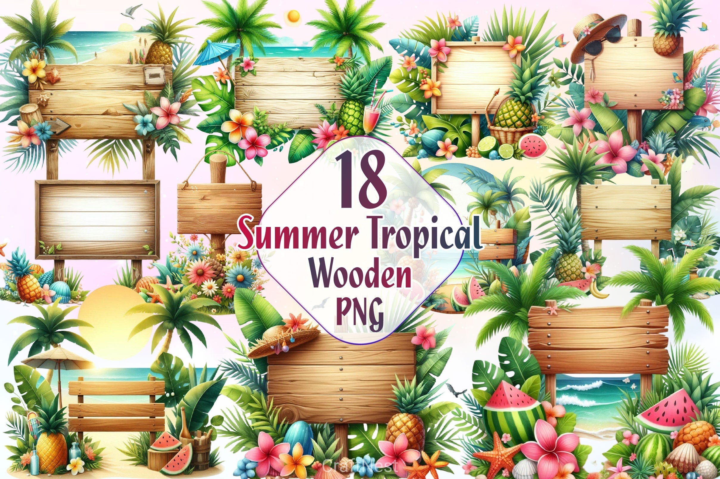 Summer Empty Wooden Signs Clipart Bundle
