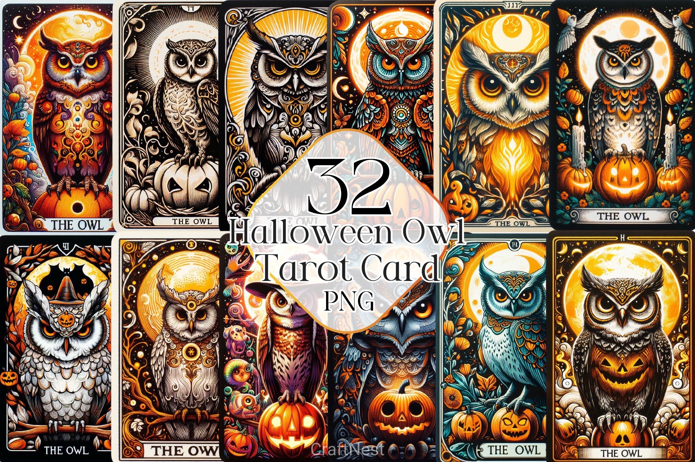 Halloween Owl Tarot Card Clipart Bundle