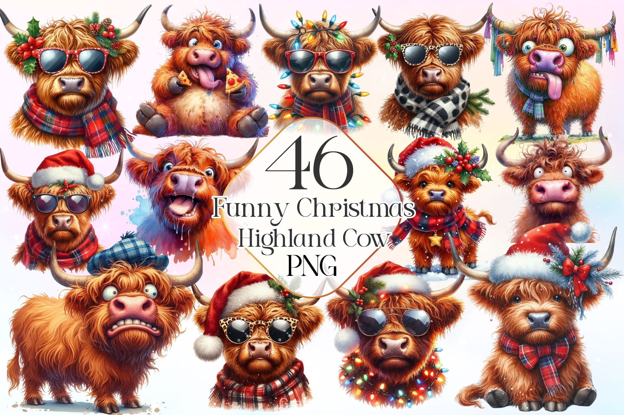 Funny Christmas Highland Cow Clipart Bundle