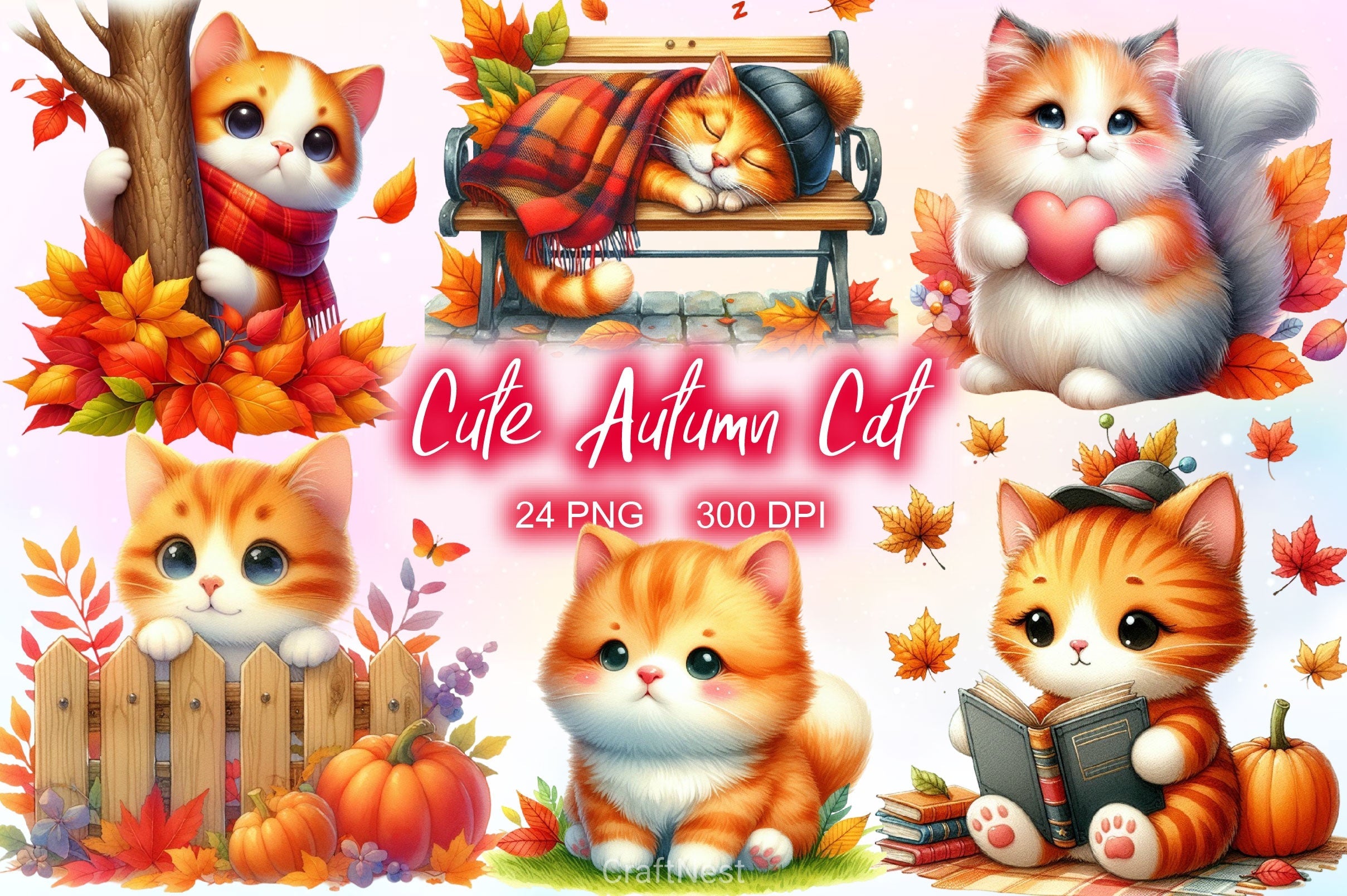 Cute Autumn Cat Clipart Bundle 2