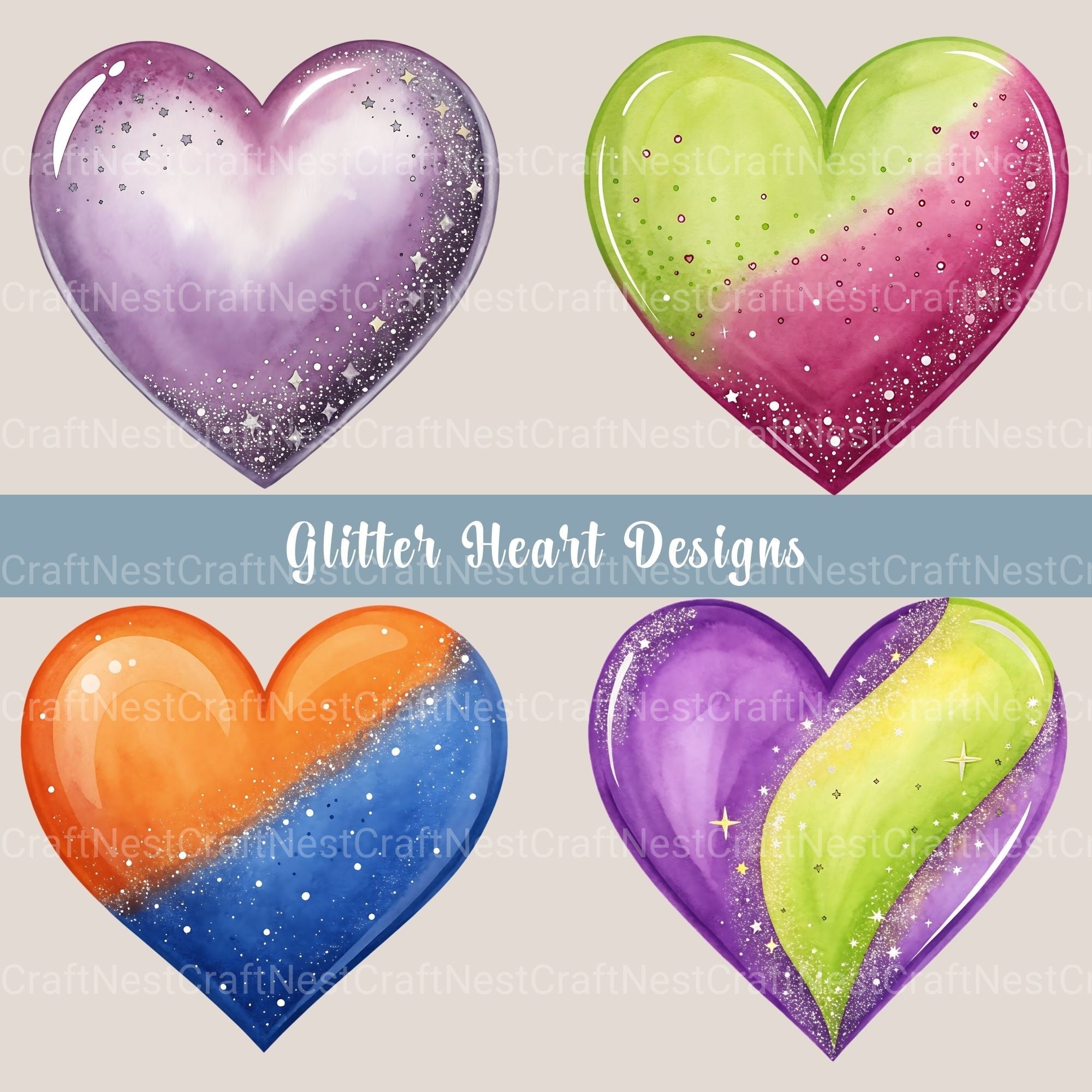 Glitter Hearts Clipart Bundle