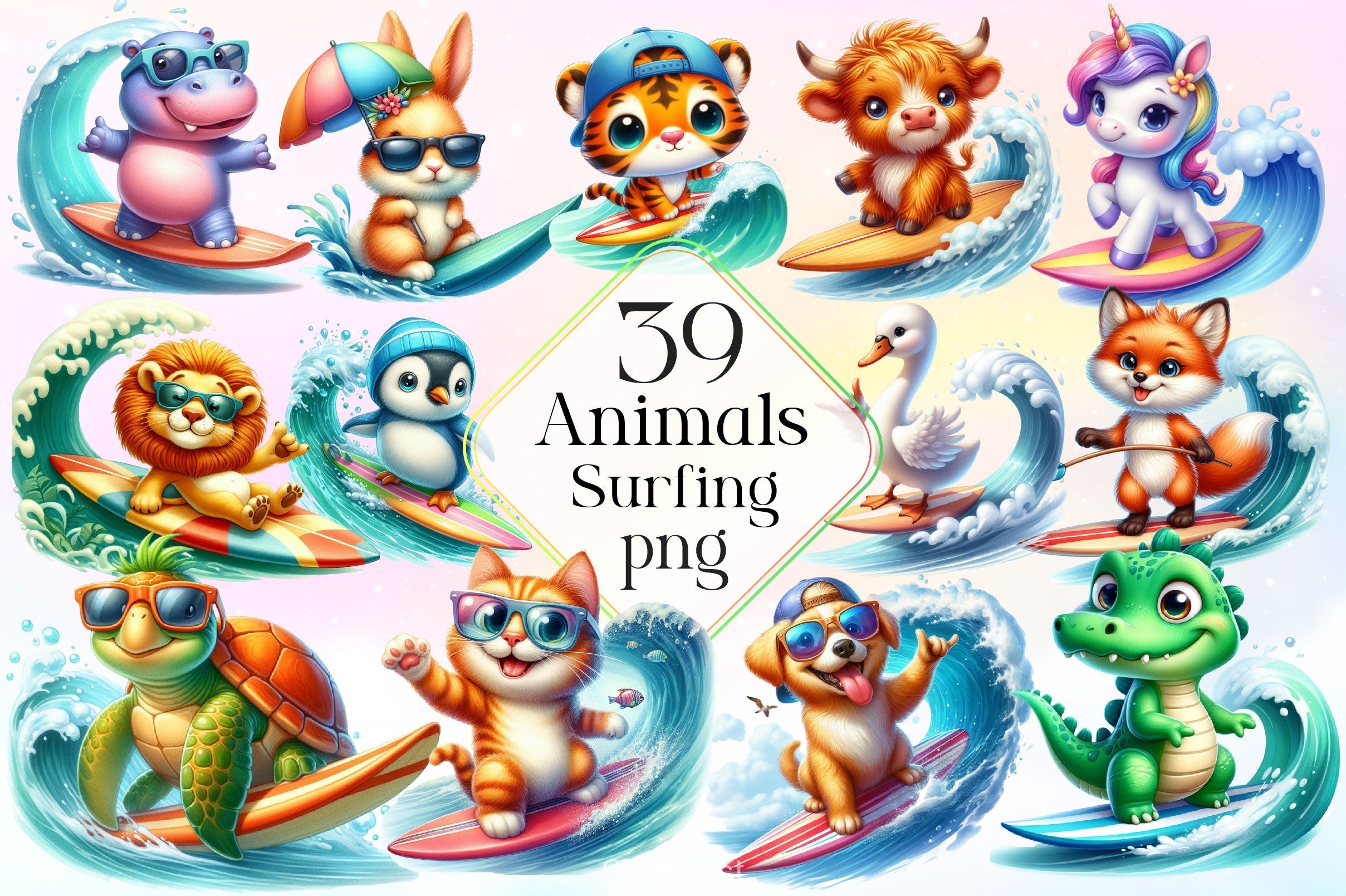 Animals Surfing Clipart Bundle 2