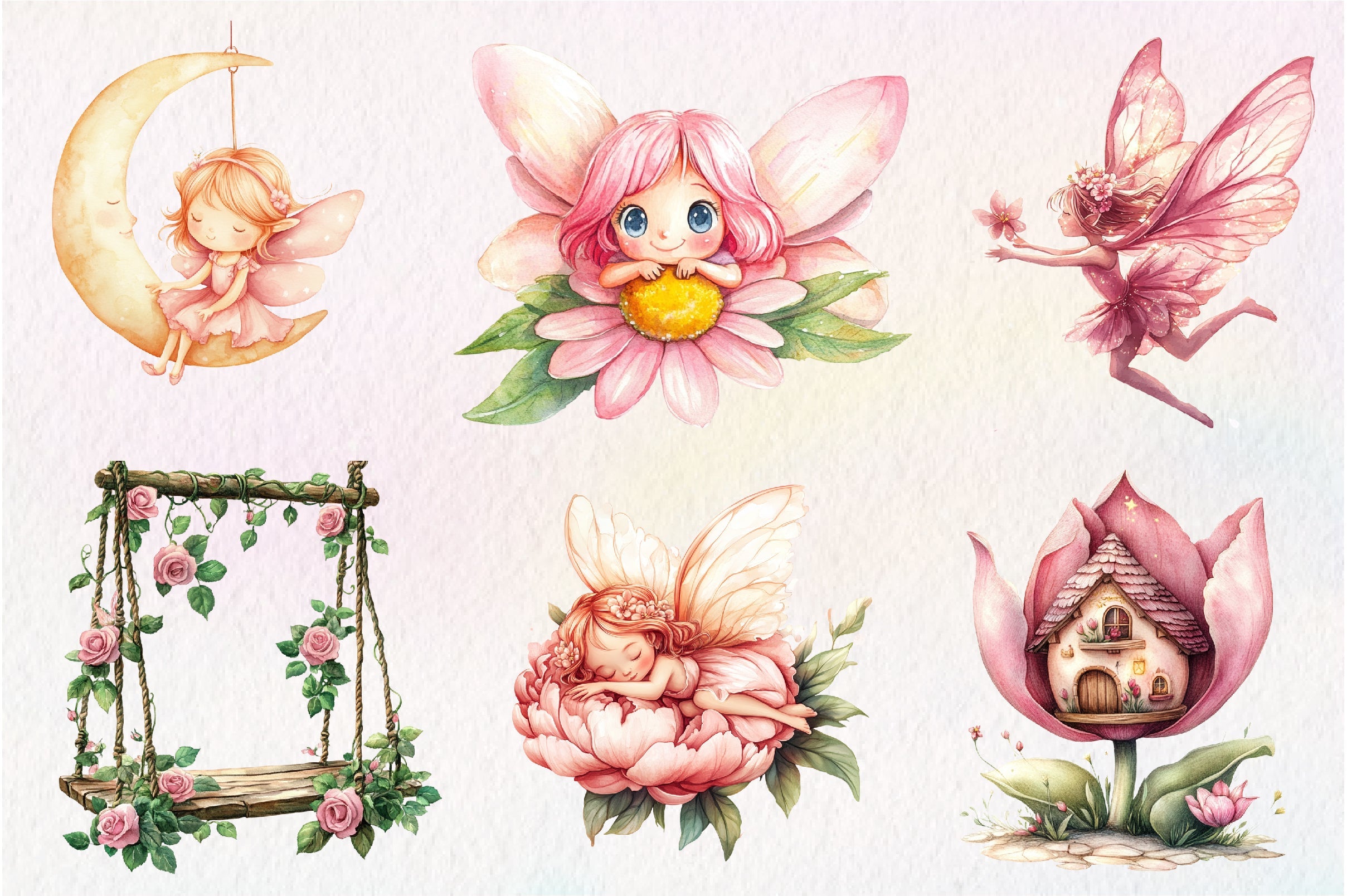 Magical Garden Pink Fairies Clipart Bundle
