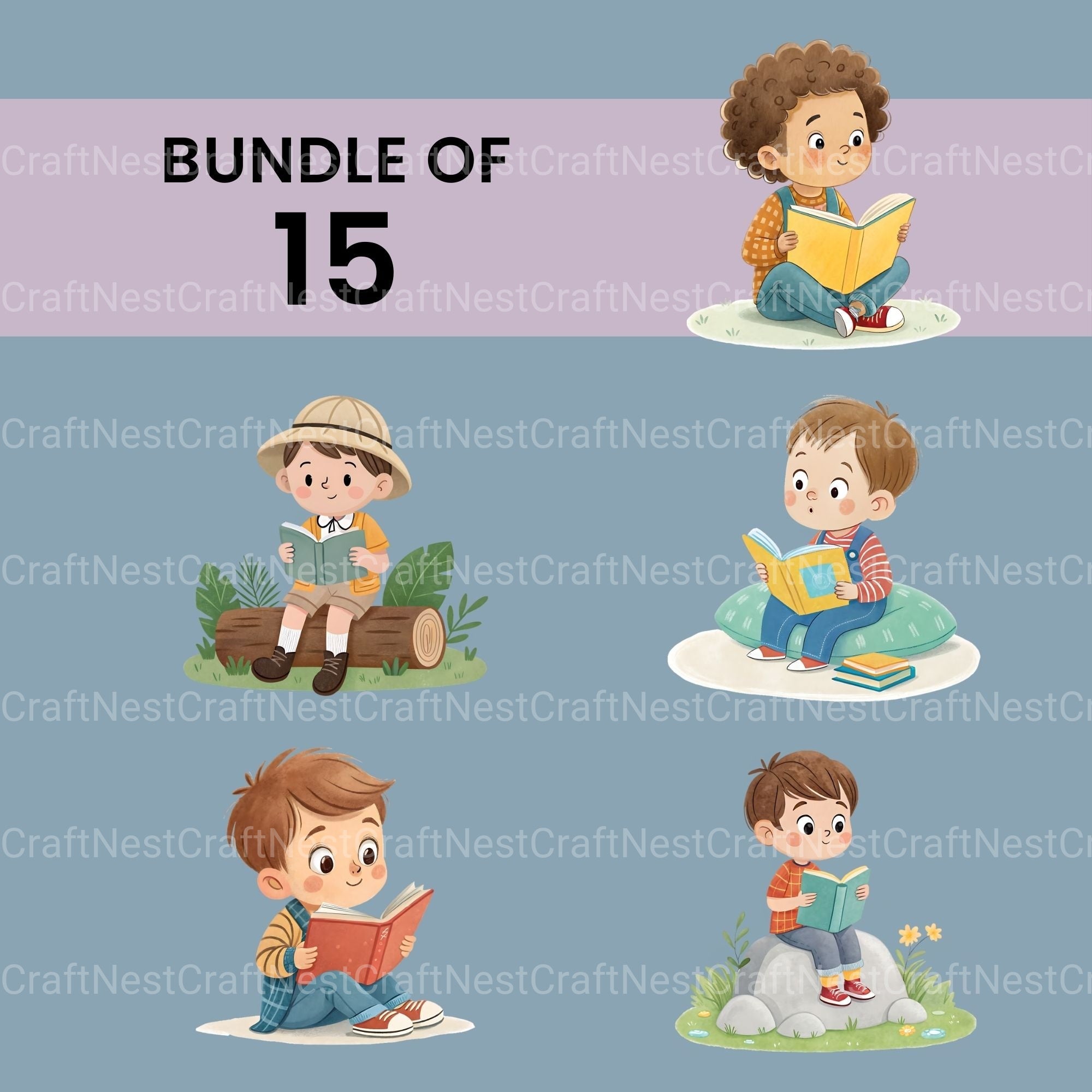 Little Boy Reading Clipart Bundle