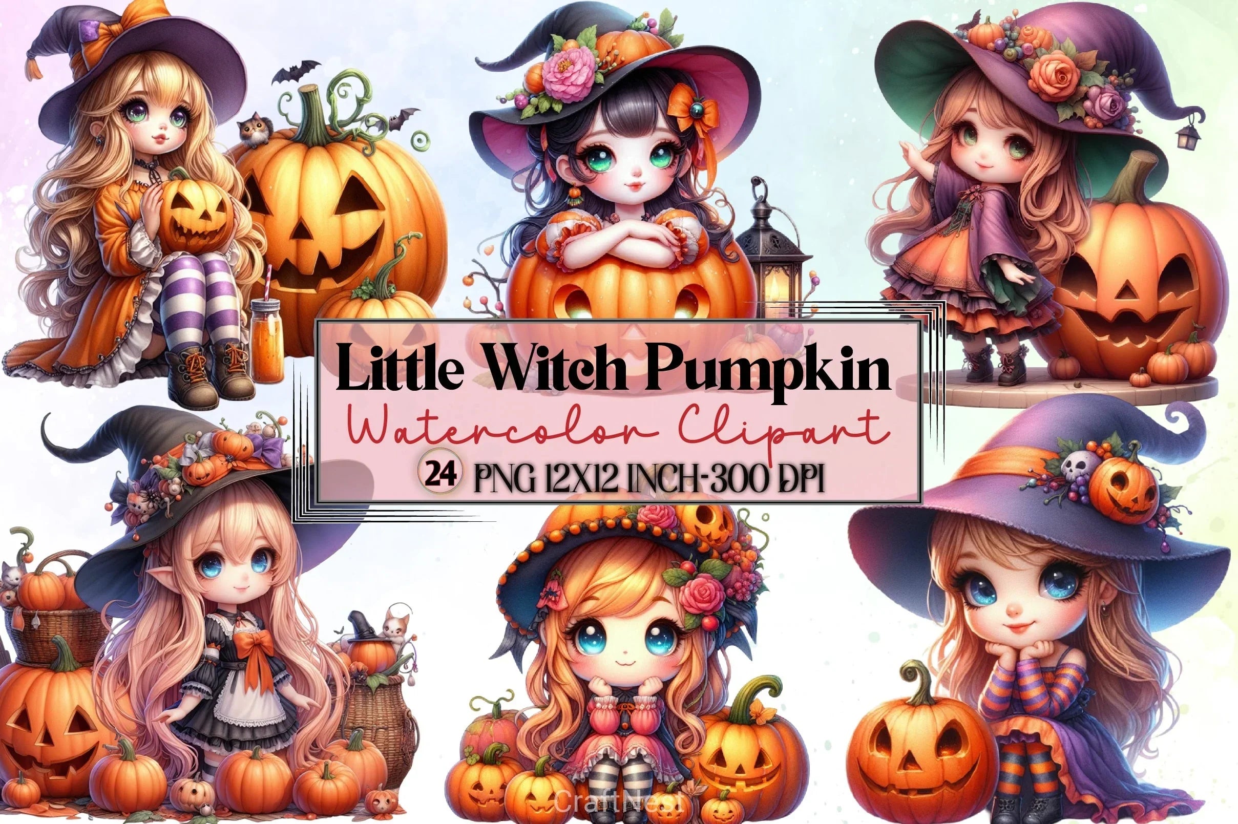 Cute Witch Pumpkin Clipart Bundle - CraftNest - Digital Crafting and Art