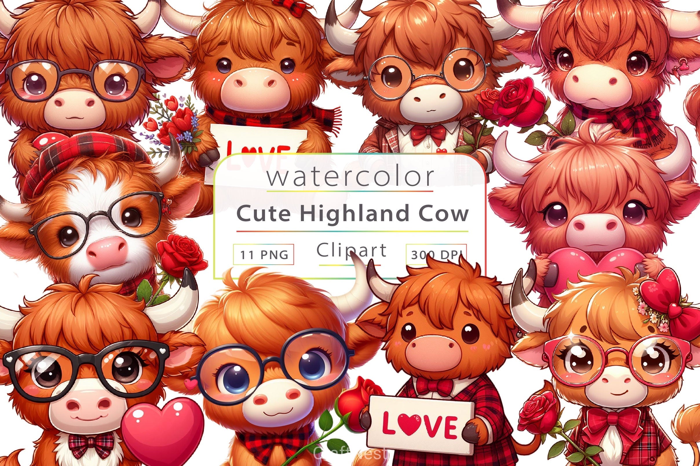 Valentines Day Highland Cow Clipart Bundle