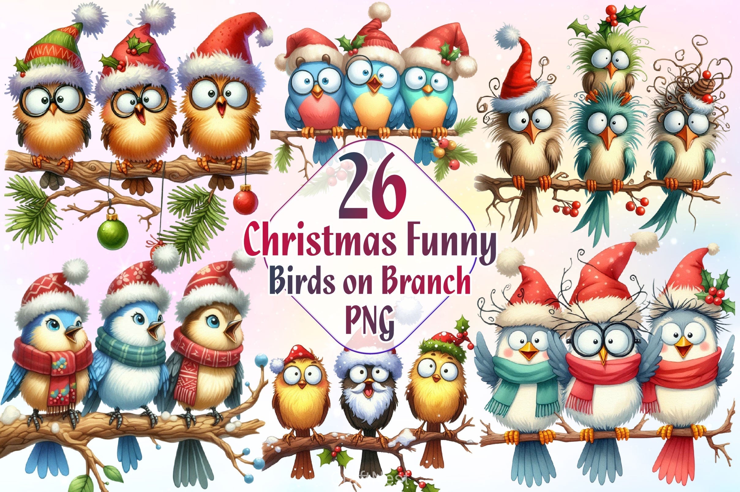 Christmas Funny Birds On Branch Clipart Bundle 2