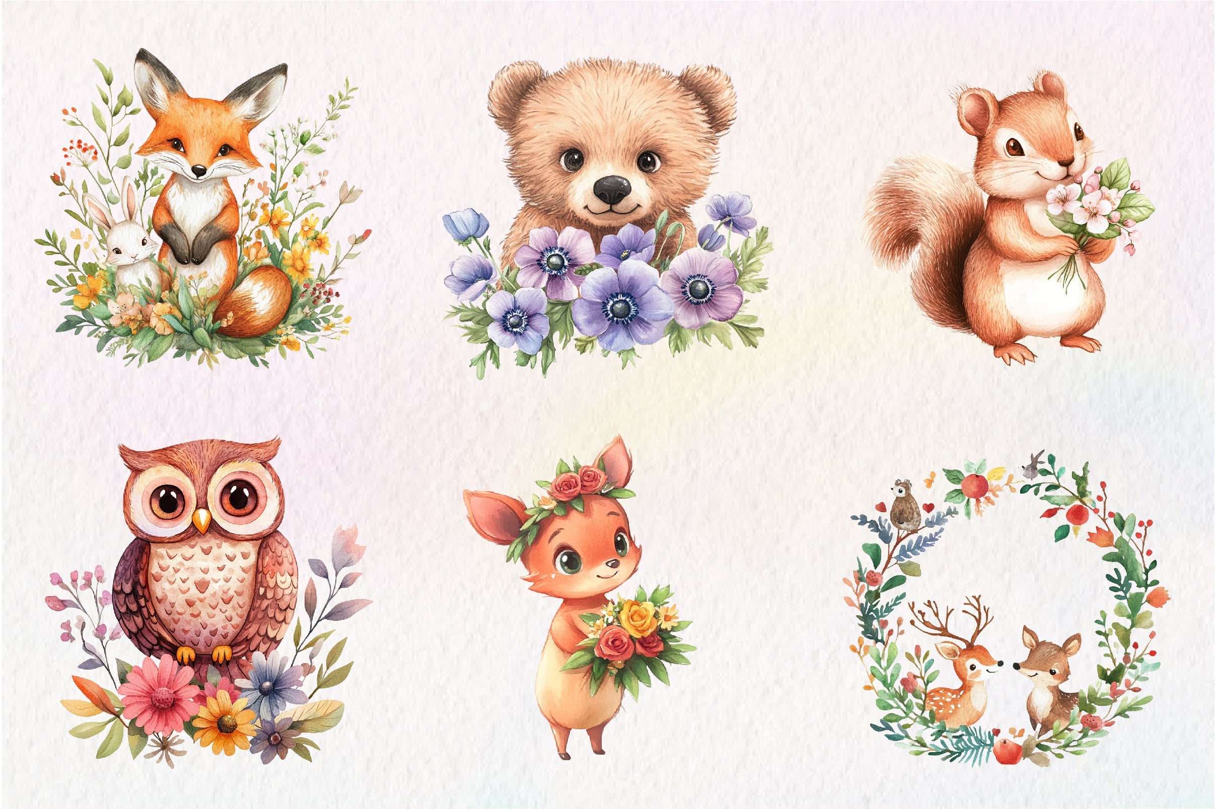 Spring Woodland Animal With Bouquet Clipart Bundle
