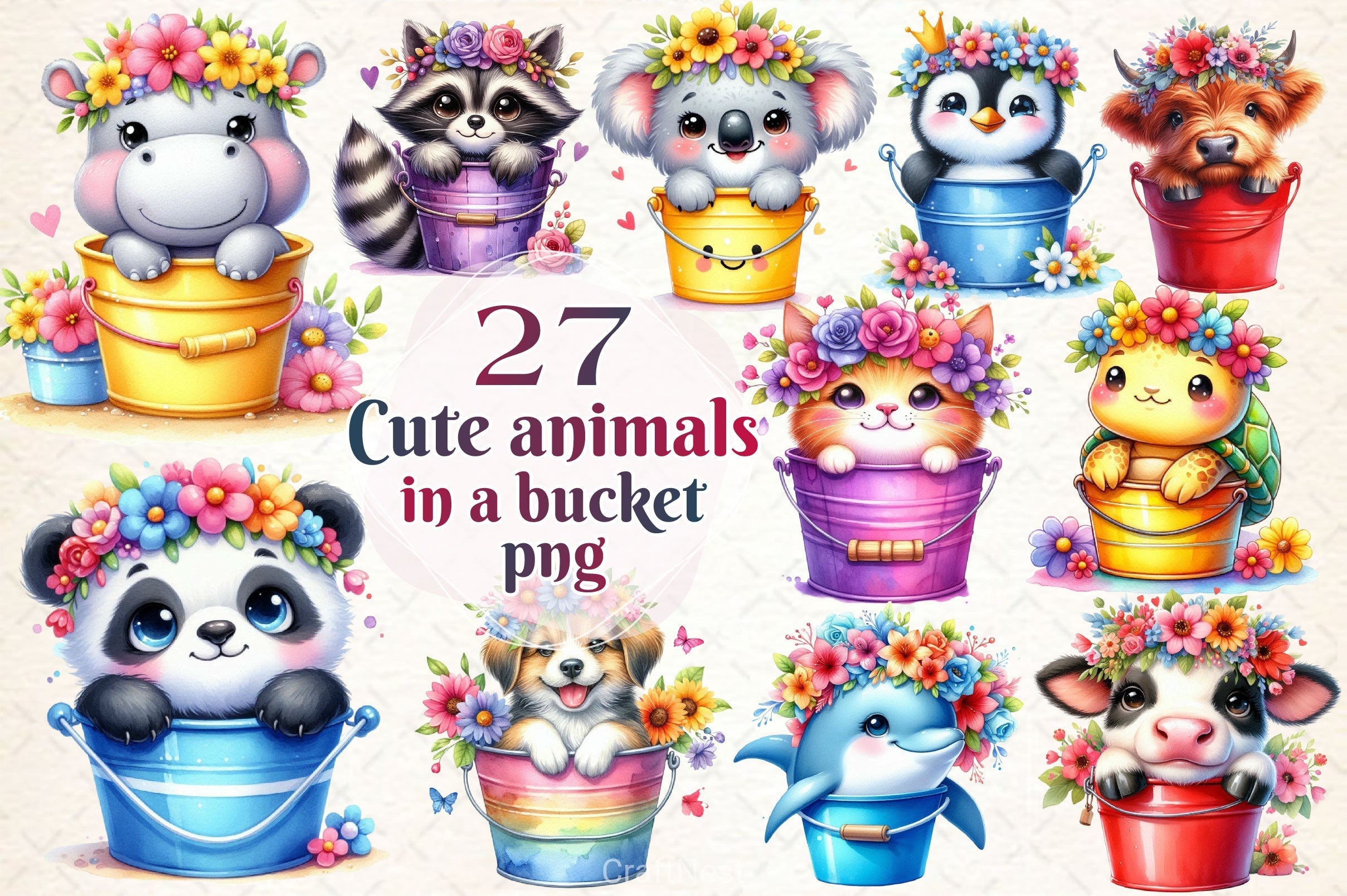 Cute Animals In A Bucket Clipart Bundle