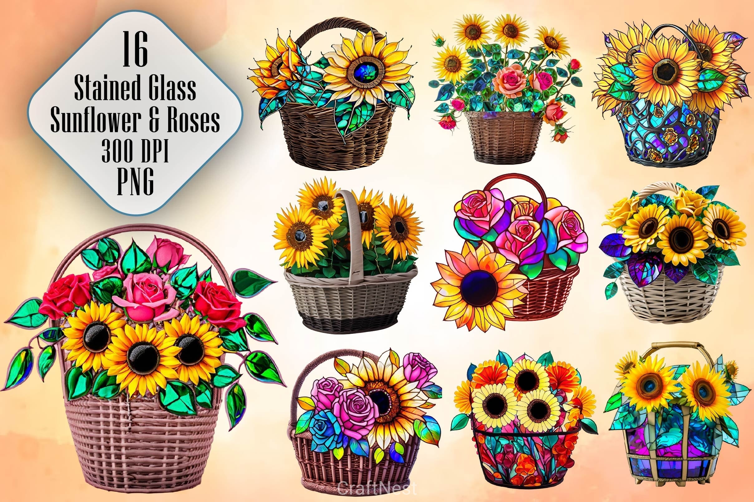 Sunflower & Roses Stained Glass Clipart Bundle