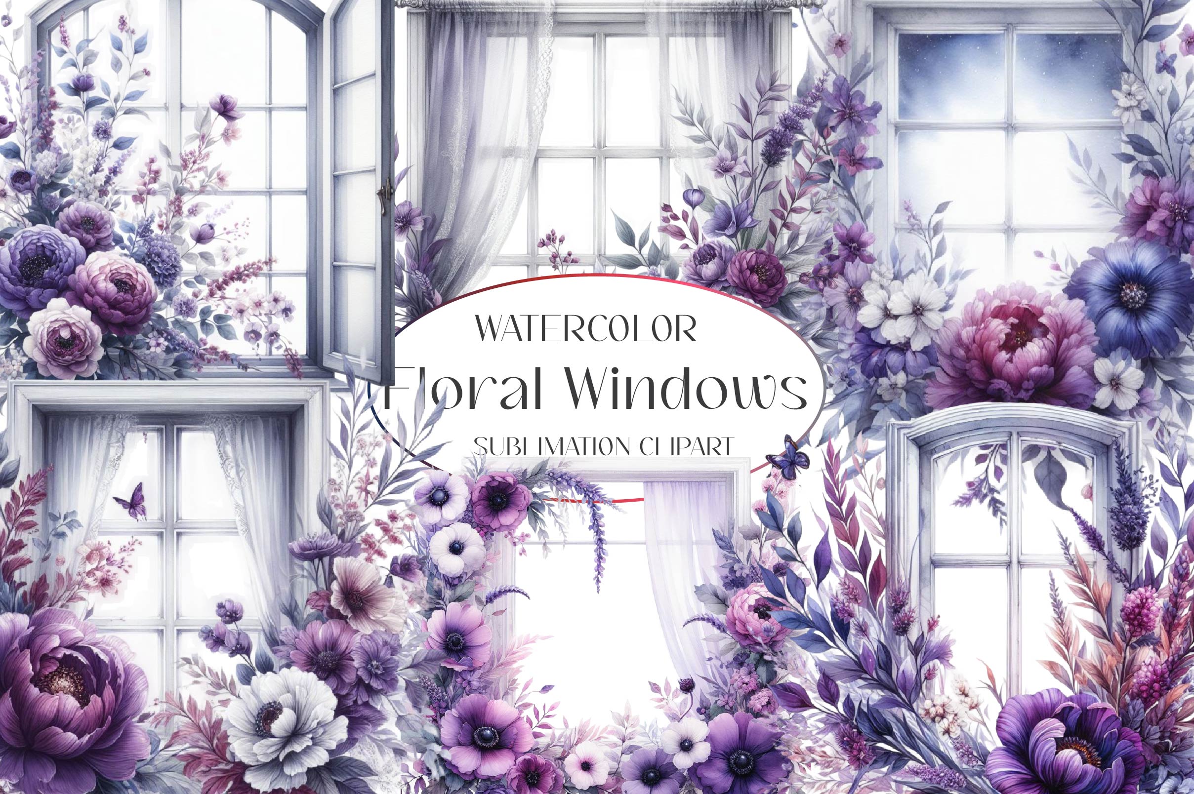 Purple Floral Windows Clipart Bundle