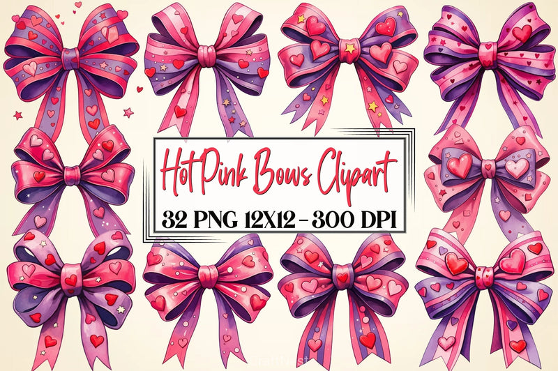 Watercolour Hot Pink Bows Clipart Bundle - CraftNest - Digital Crafting and Art