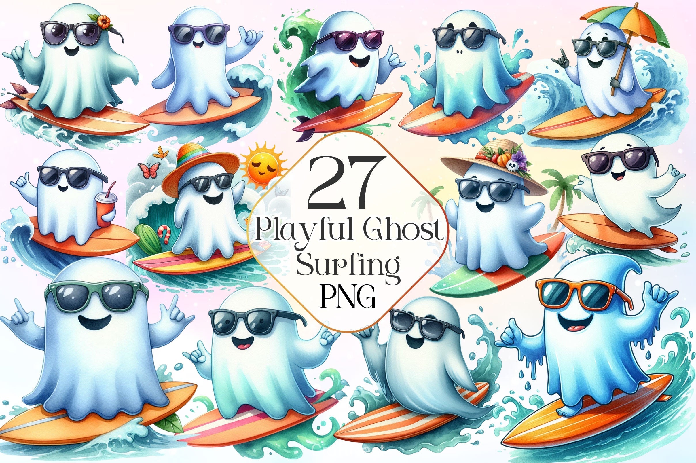 Playful Ghost Surfing Clipart Bundle