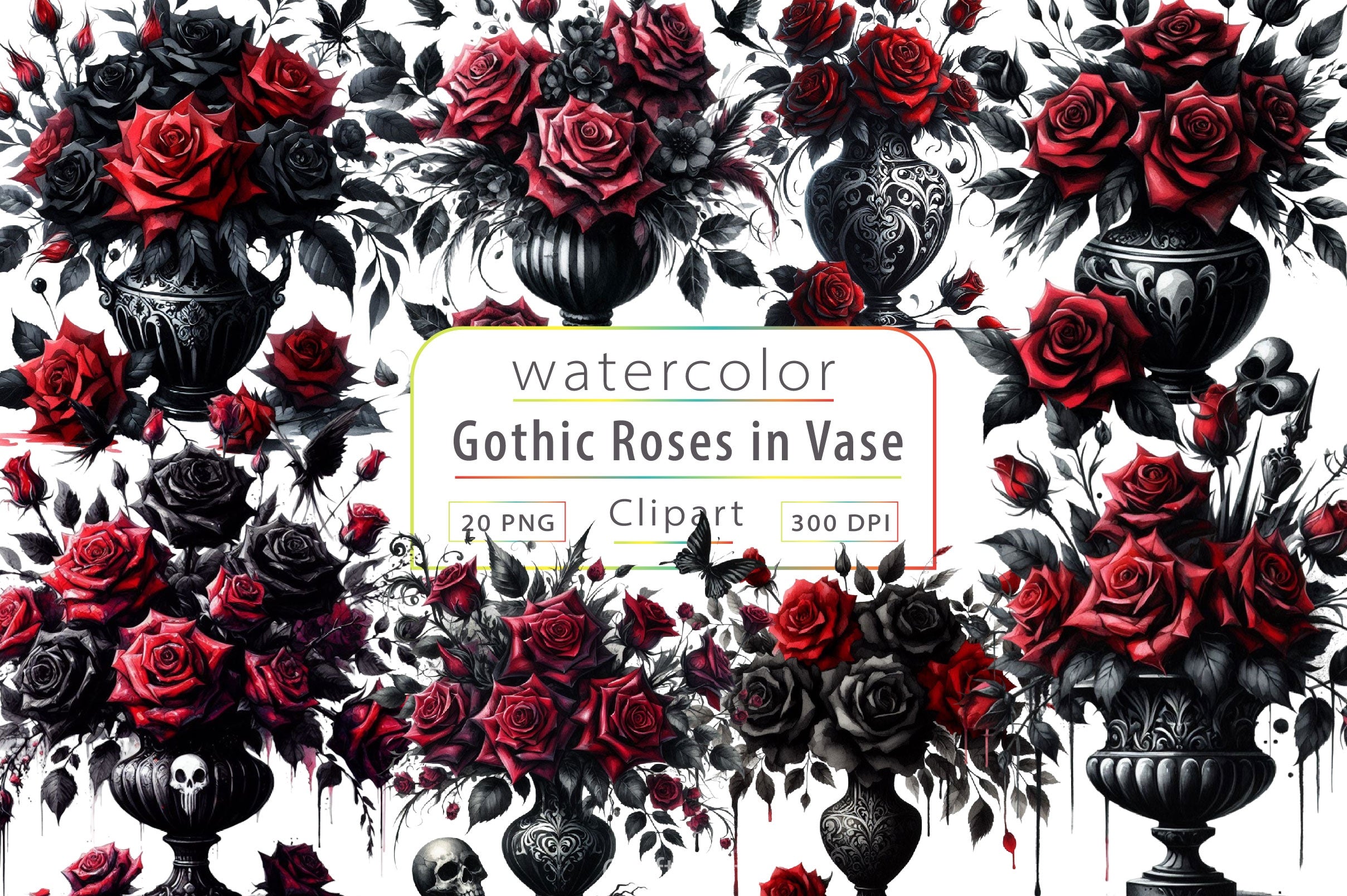 Gothic Roses In Vase Clipart Bundle