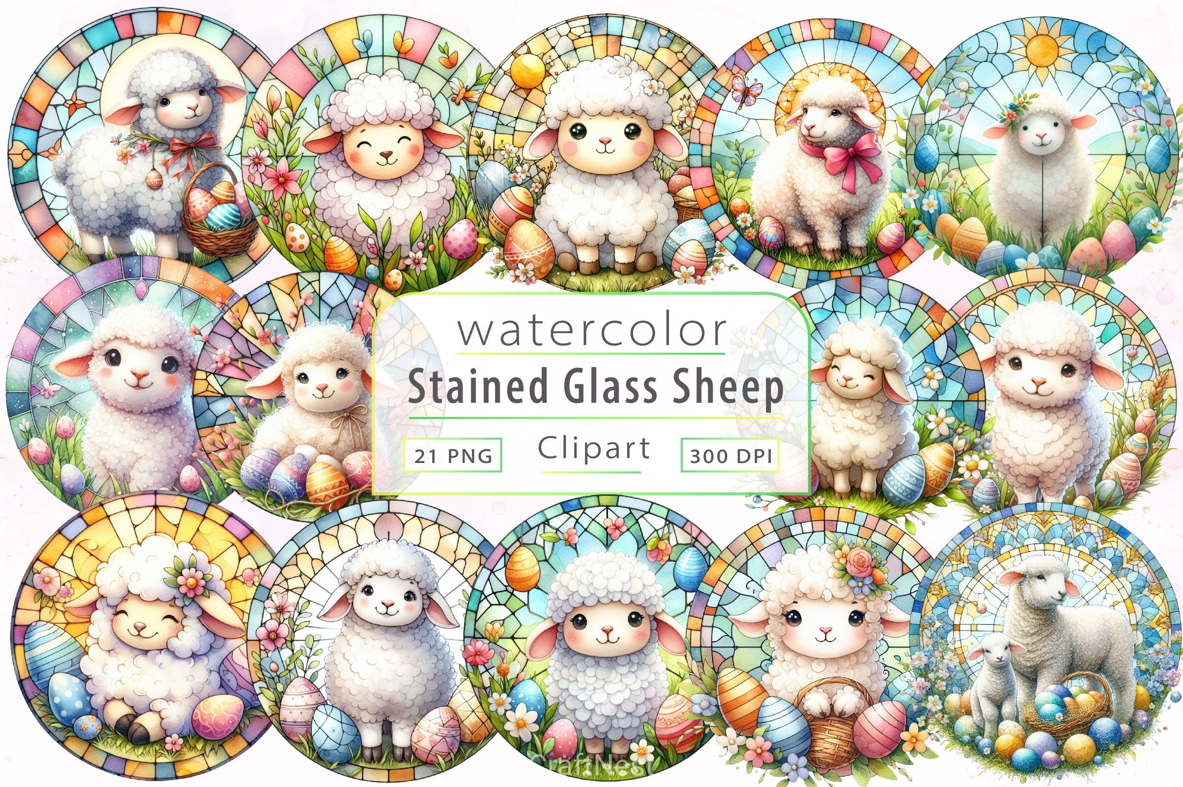Stained Glass Easter Sheep Clipart Bundle
