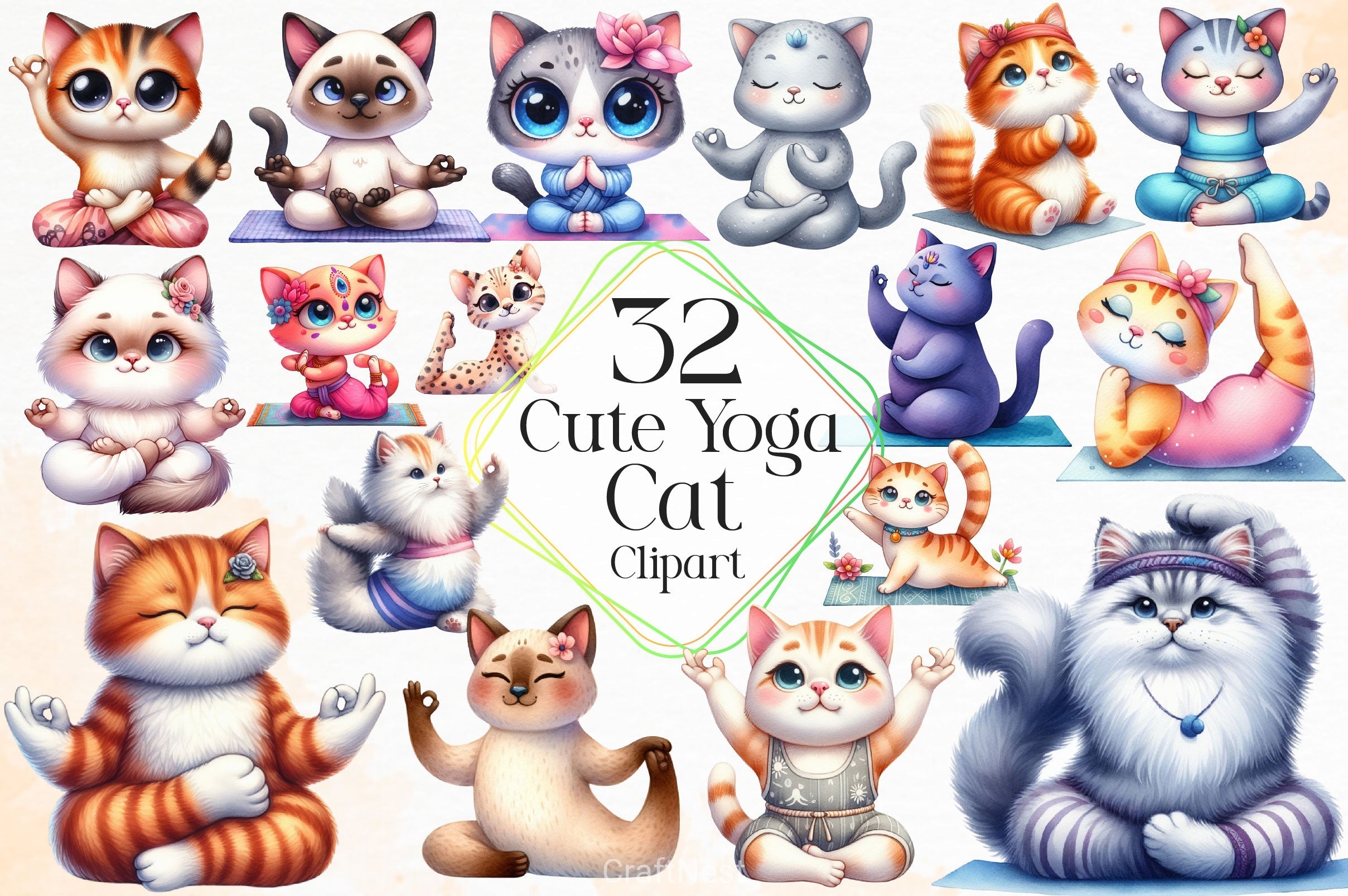 Cute Yoga Cat Clipart Bundle 2