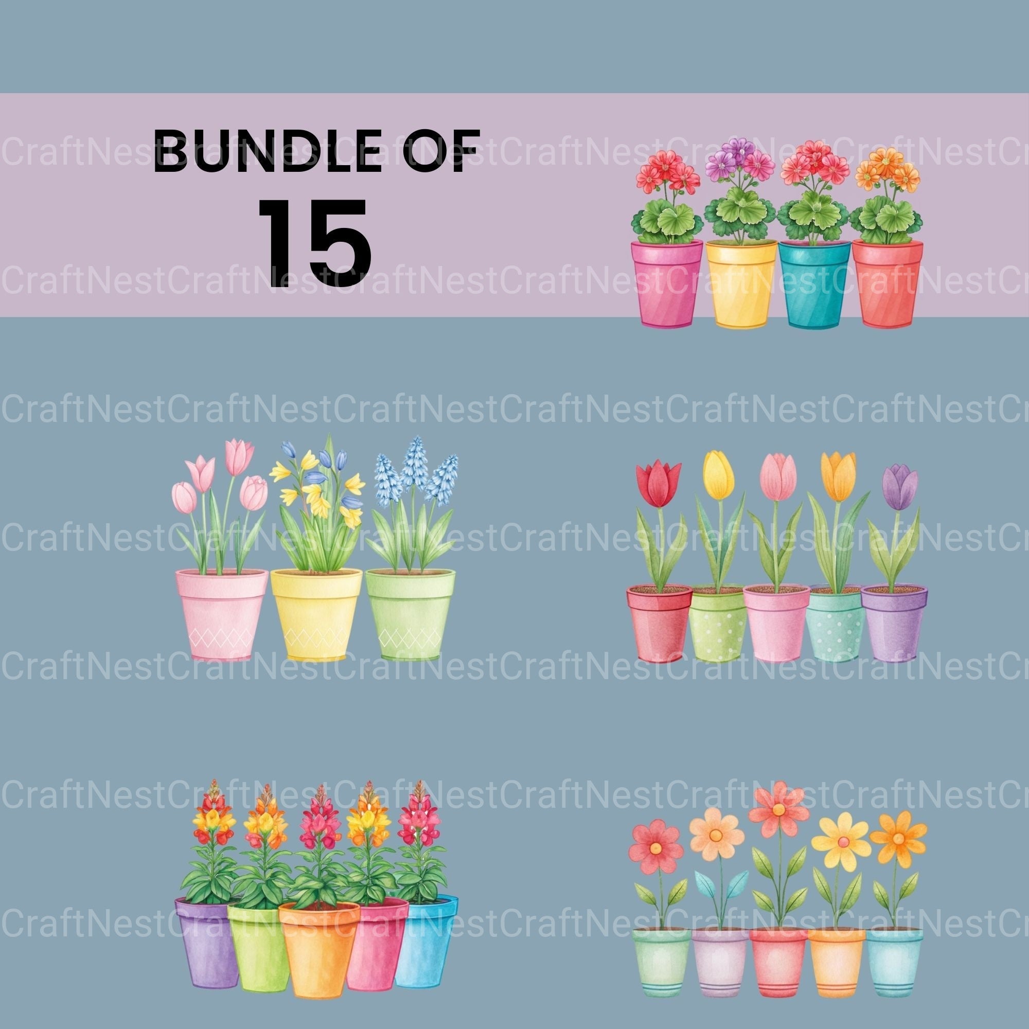 Flowers In Pots Clipart Bundle