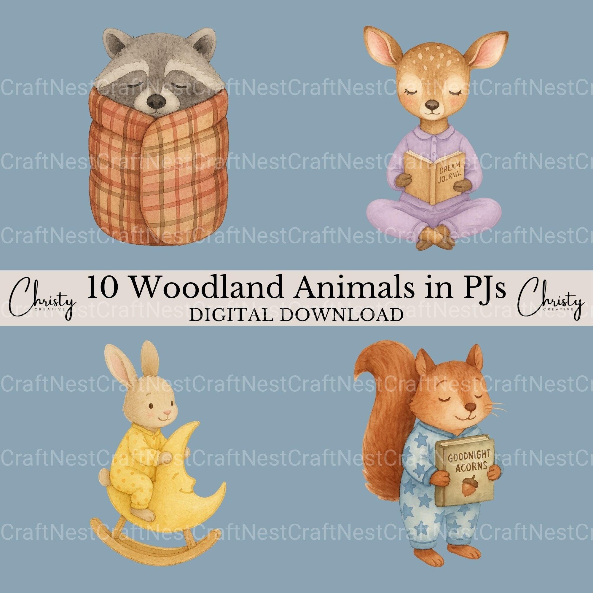 Woodland Animal Pjs 2 Clipart Bundle