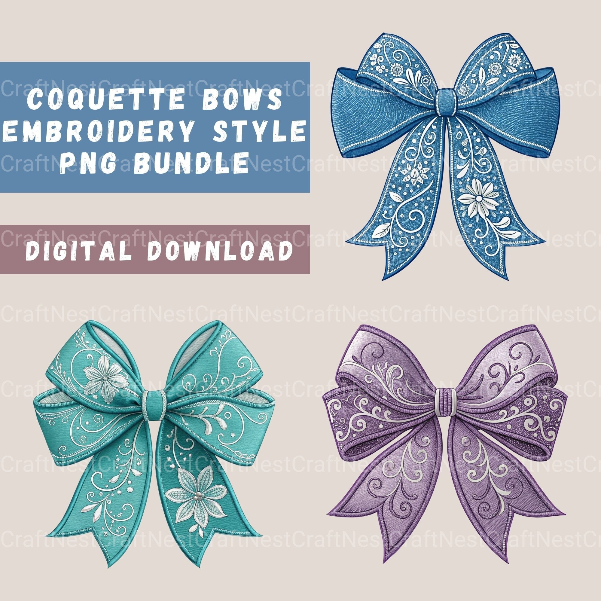 Embroidery Style Bows Clipart Bundle