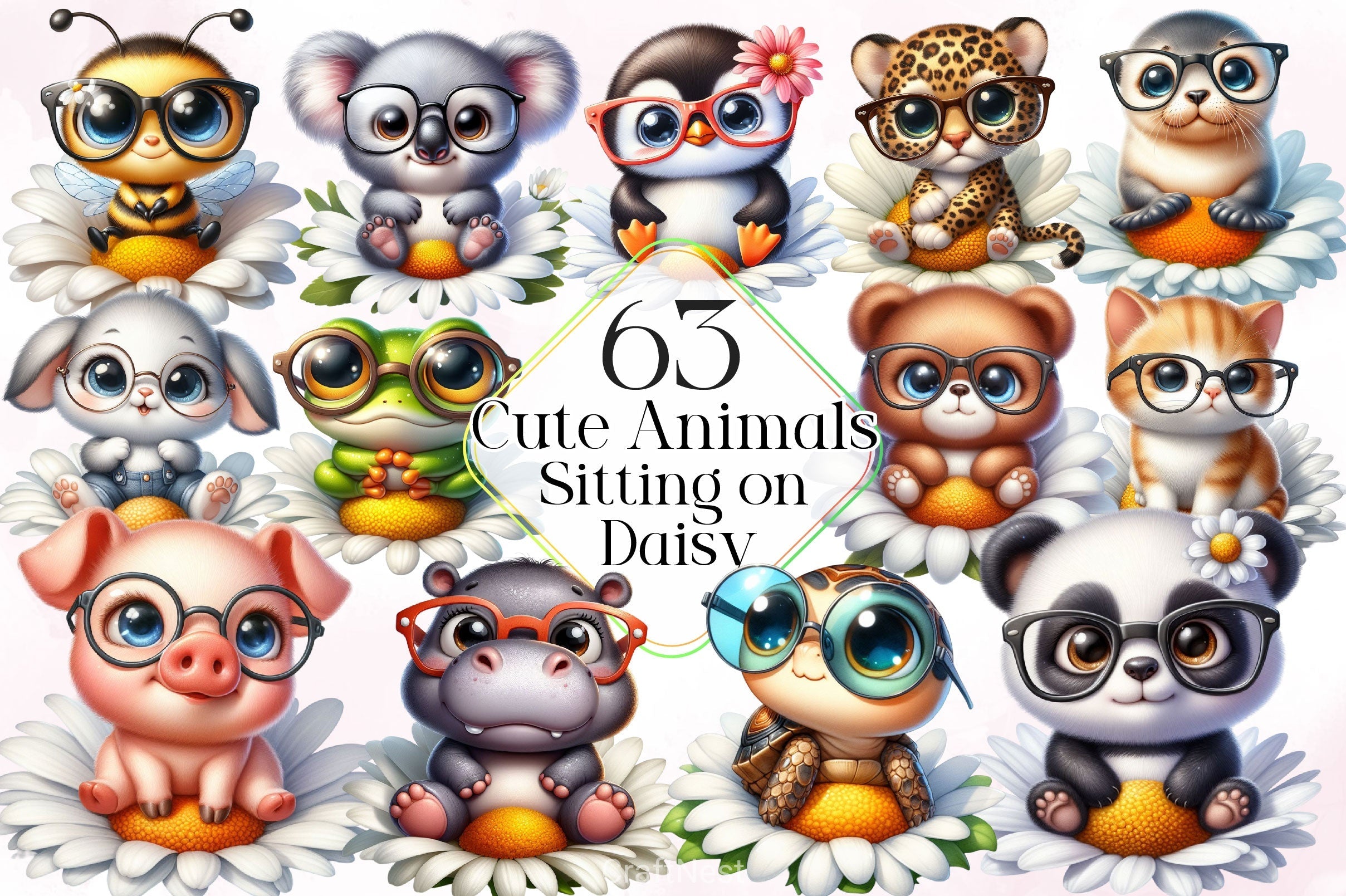 Cute Animals Sitting On Daisy Clipart Bundle