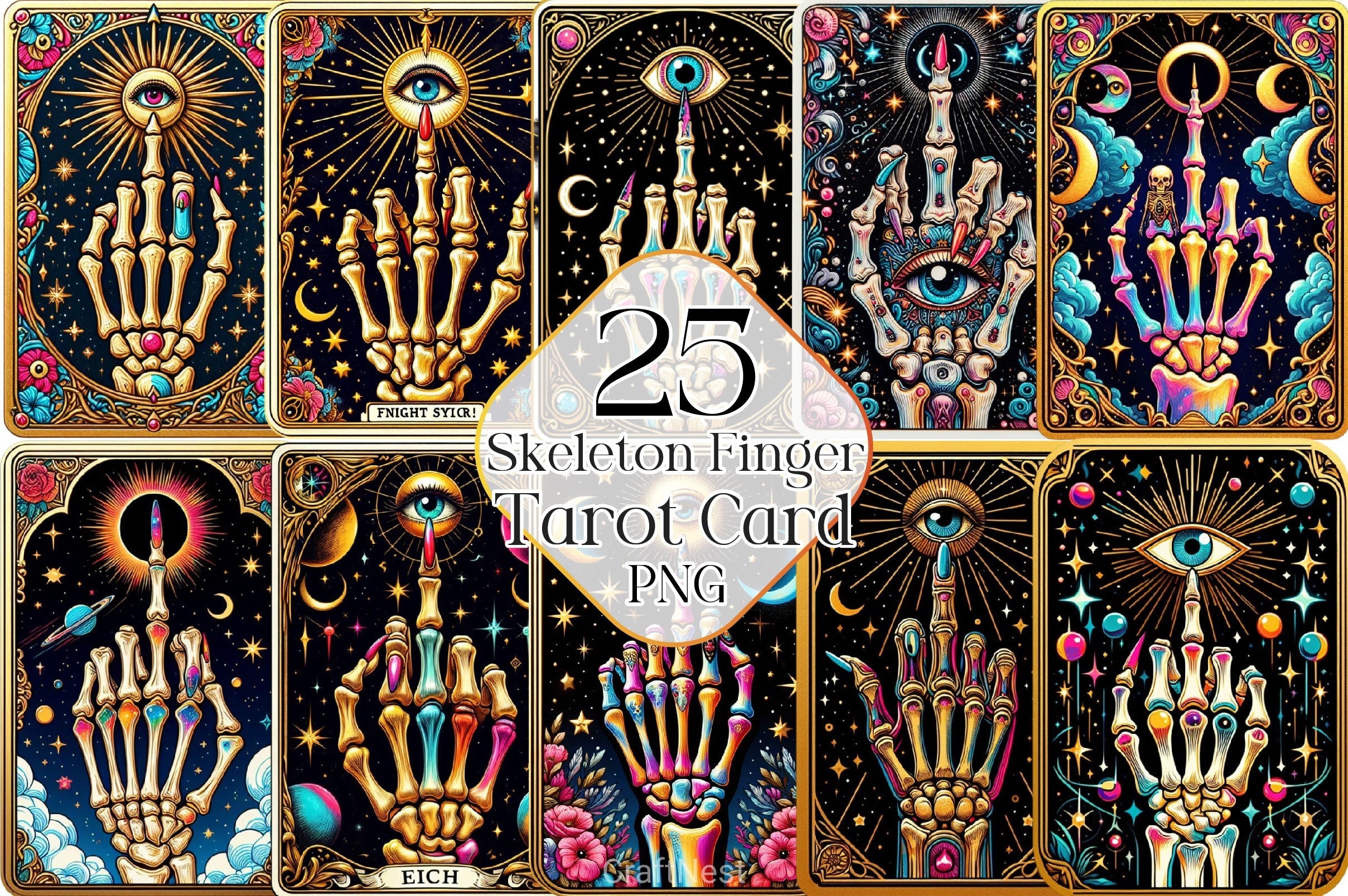 Funny Tarot Card With Skeleton Finger Clipart Bundle