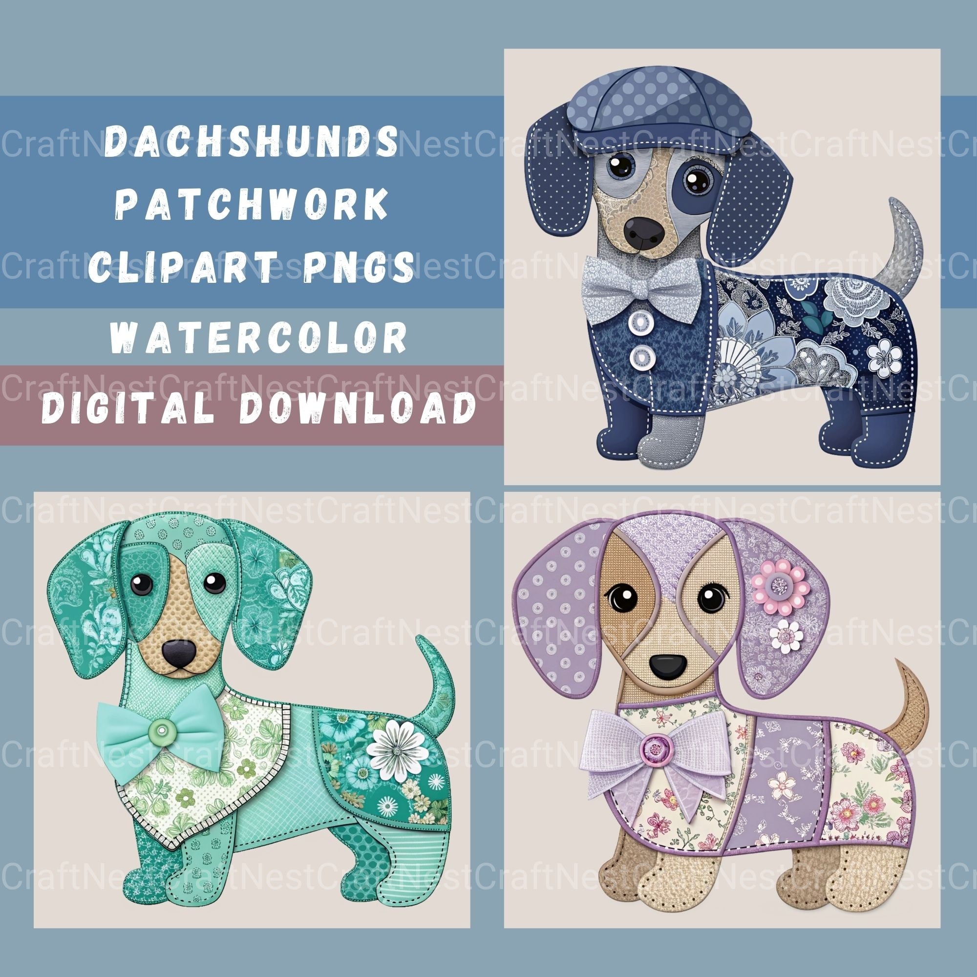 Patchwork Dachshunds Clipart Bundle