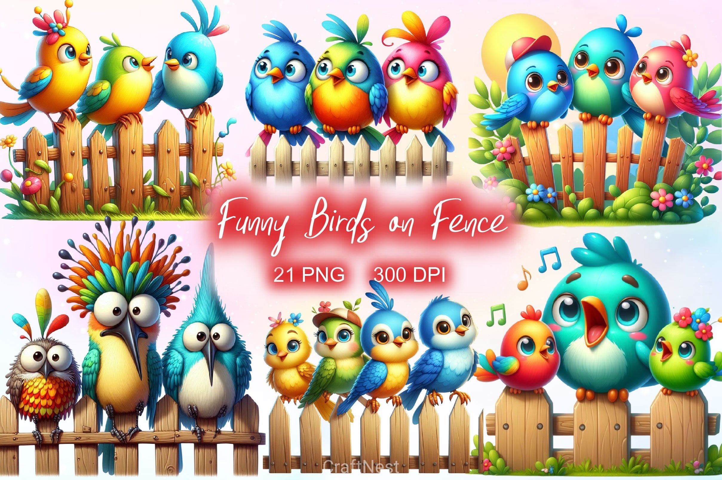 Funny Birds On Fence Clipart Bundle 2