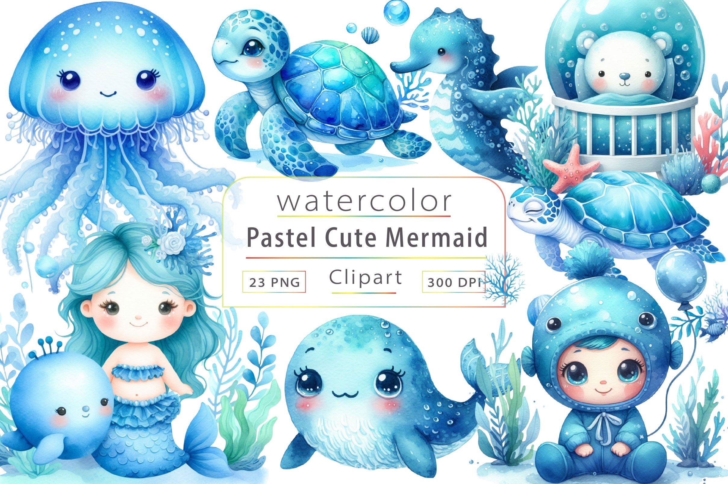 Pastel Cute Mermaid Clipart Bundle 5
