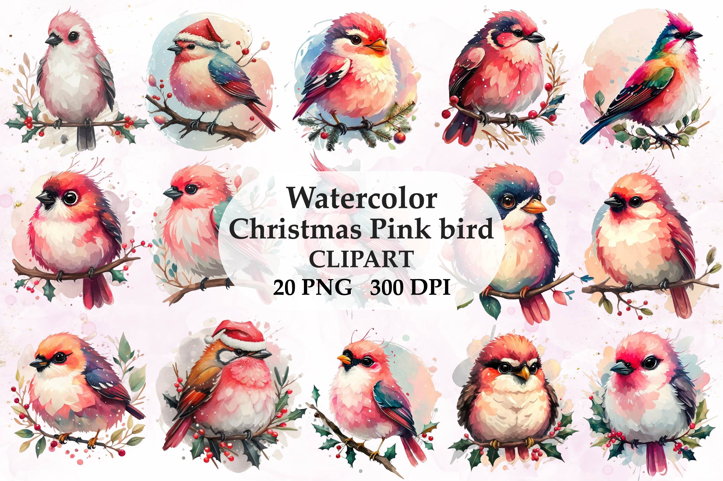 Pink Bird Christmas Animal Clipart Bundle