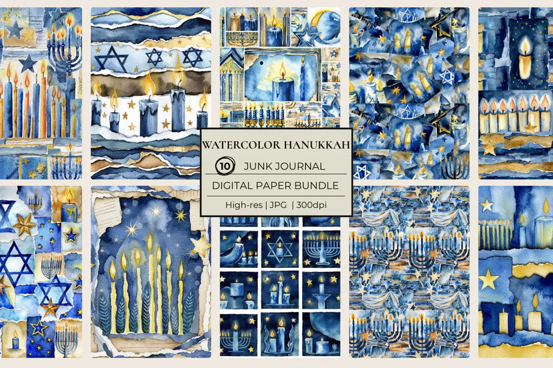 Watercolor Hanukkah Junk Journal Papers - CraftNest - Digital Crafting and Art