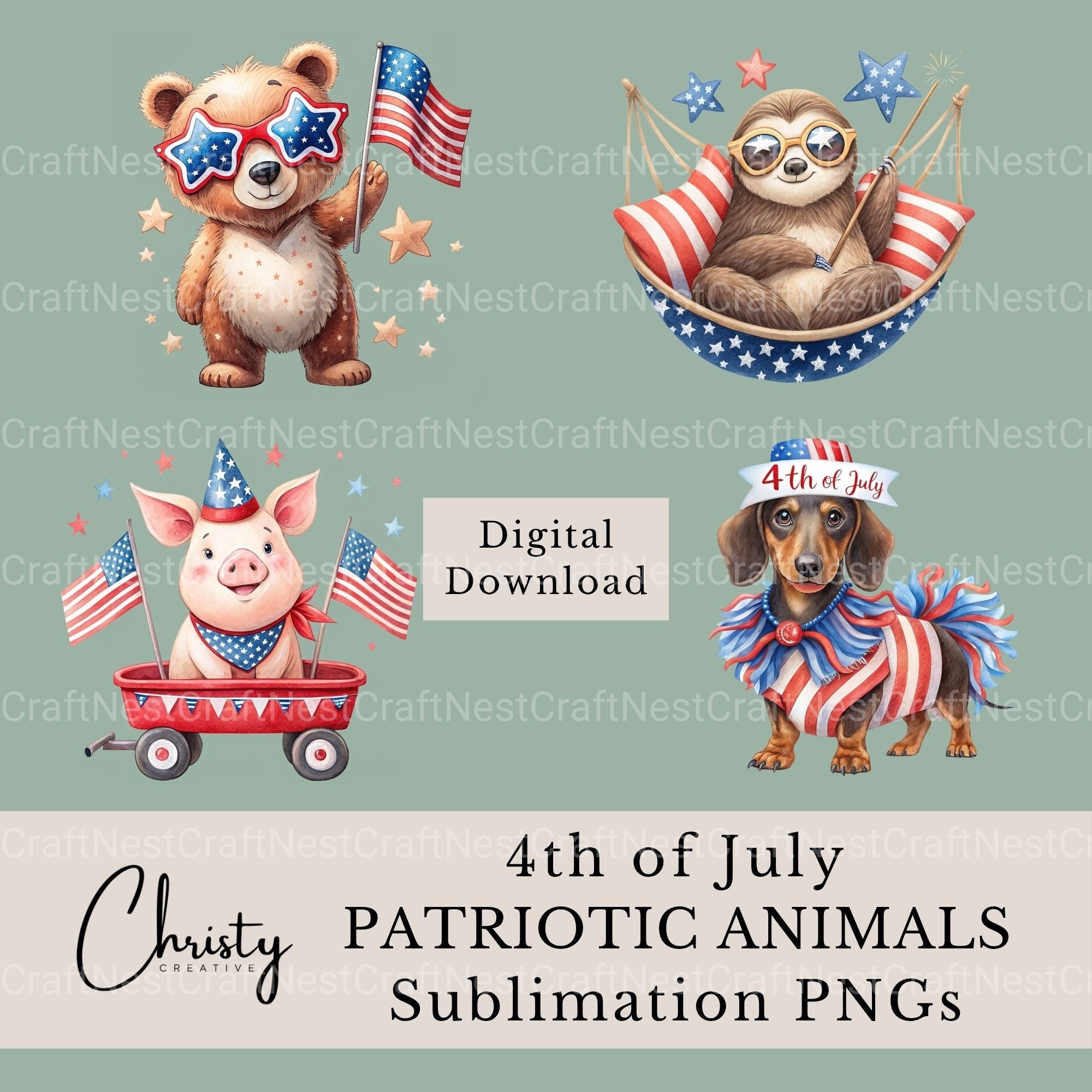 4Th Of July Animals Clipart Bundle