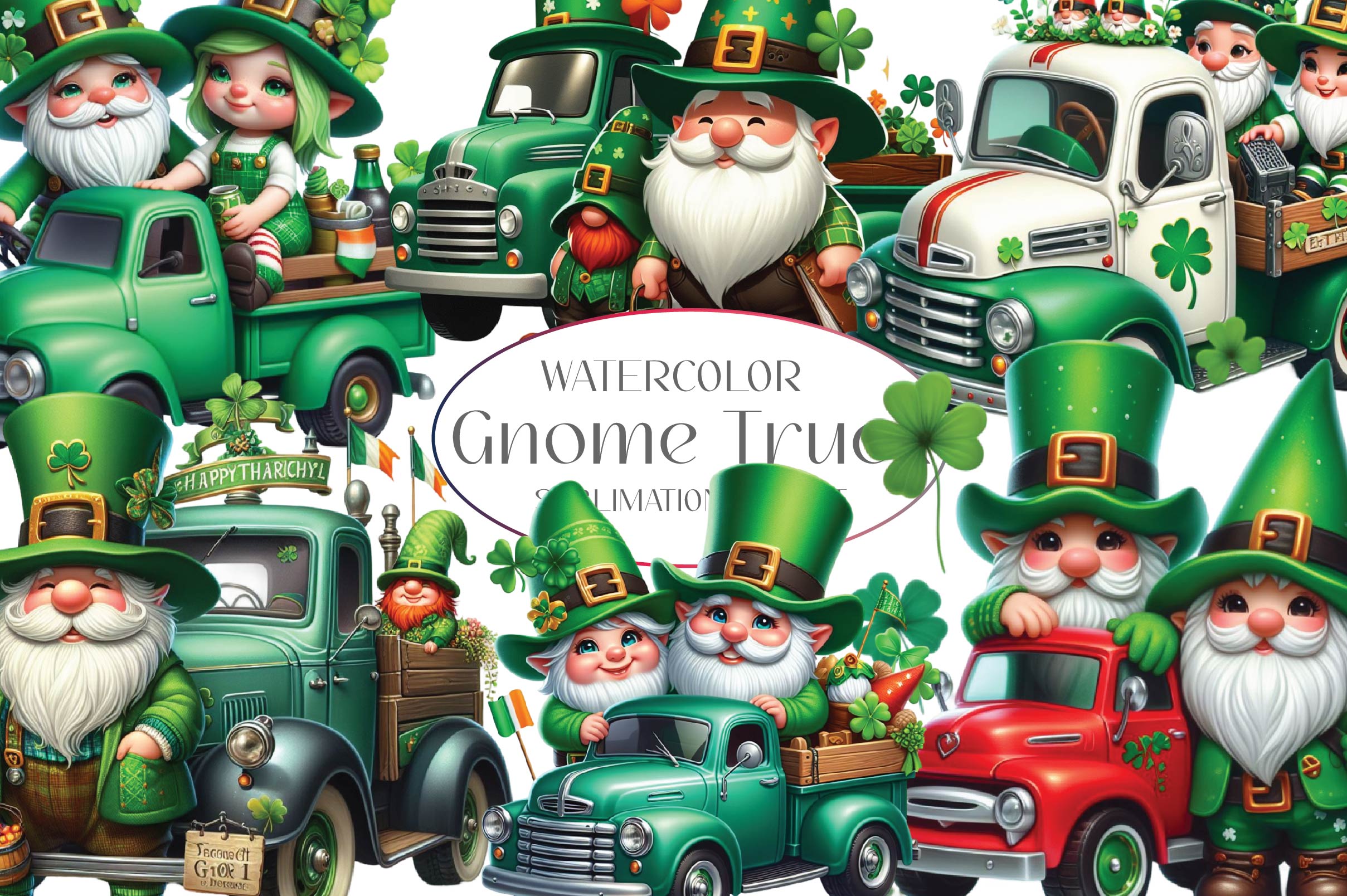 St Patricks Day Gnome Truck Clipart Bundle