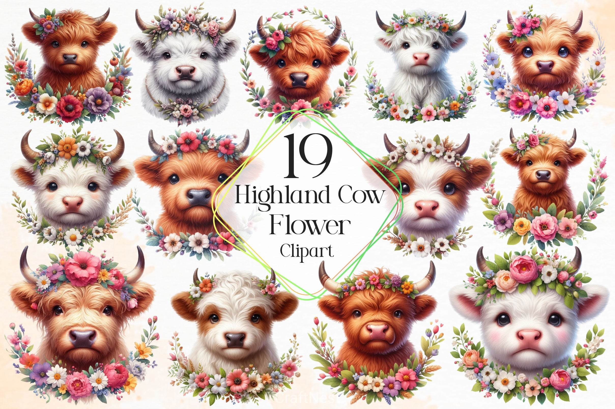 Highland Cow Flower Clipart Bundle